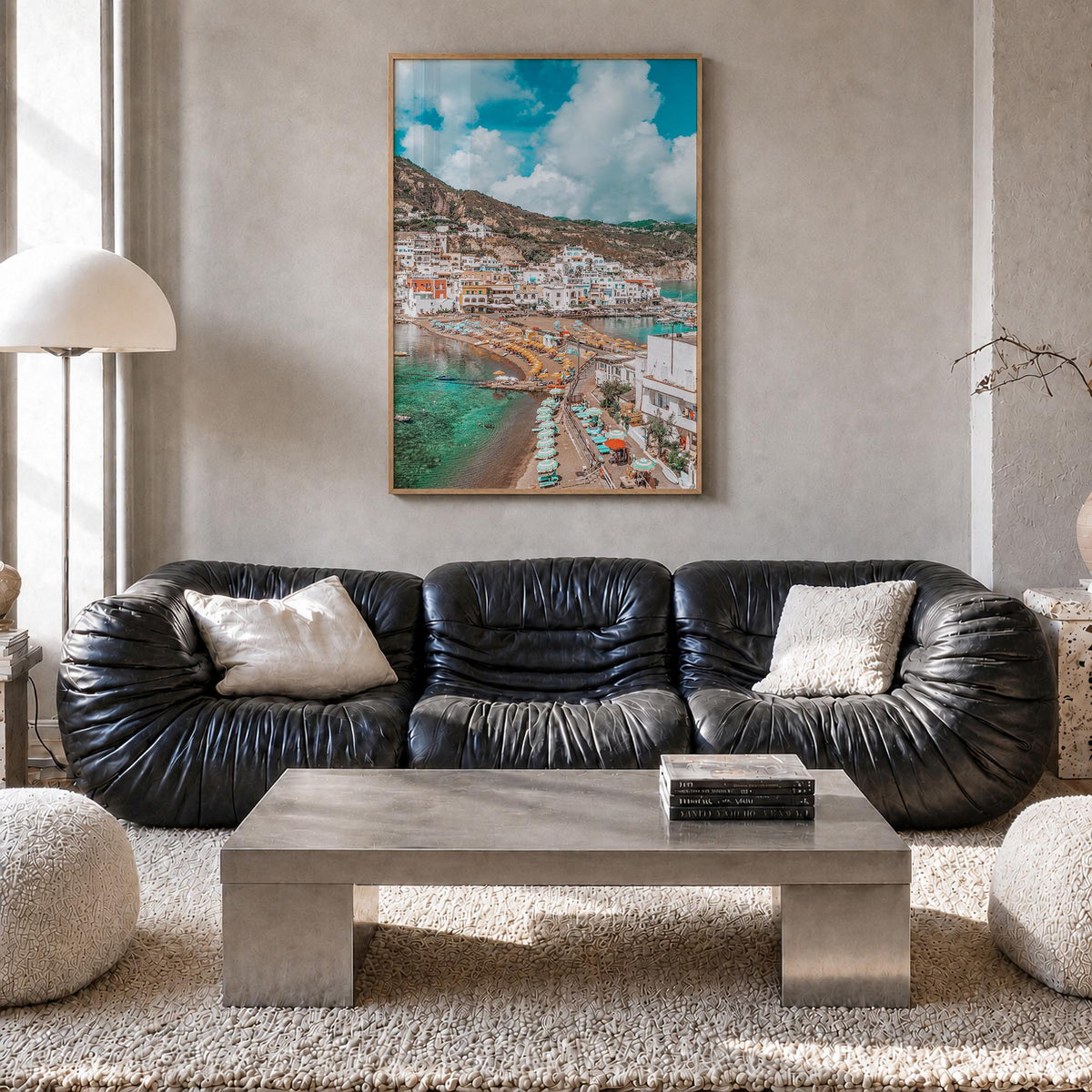 Ischia colorful photo poster of Italy – vertical wall art in natural wood frame, hanging on wall