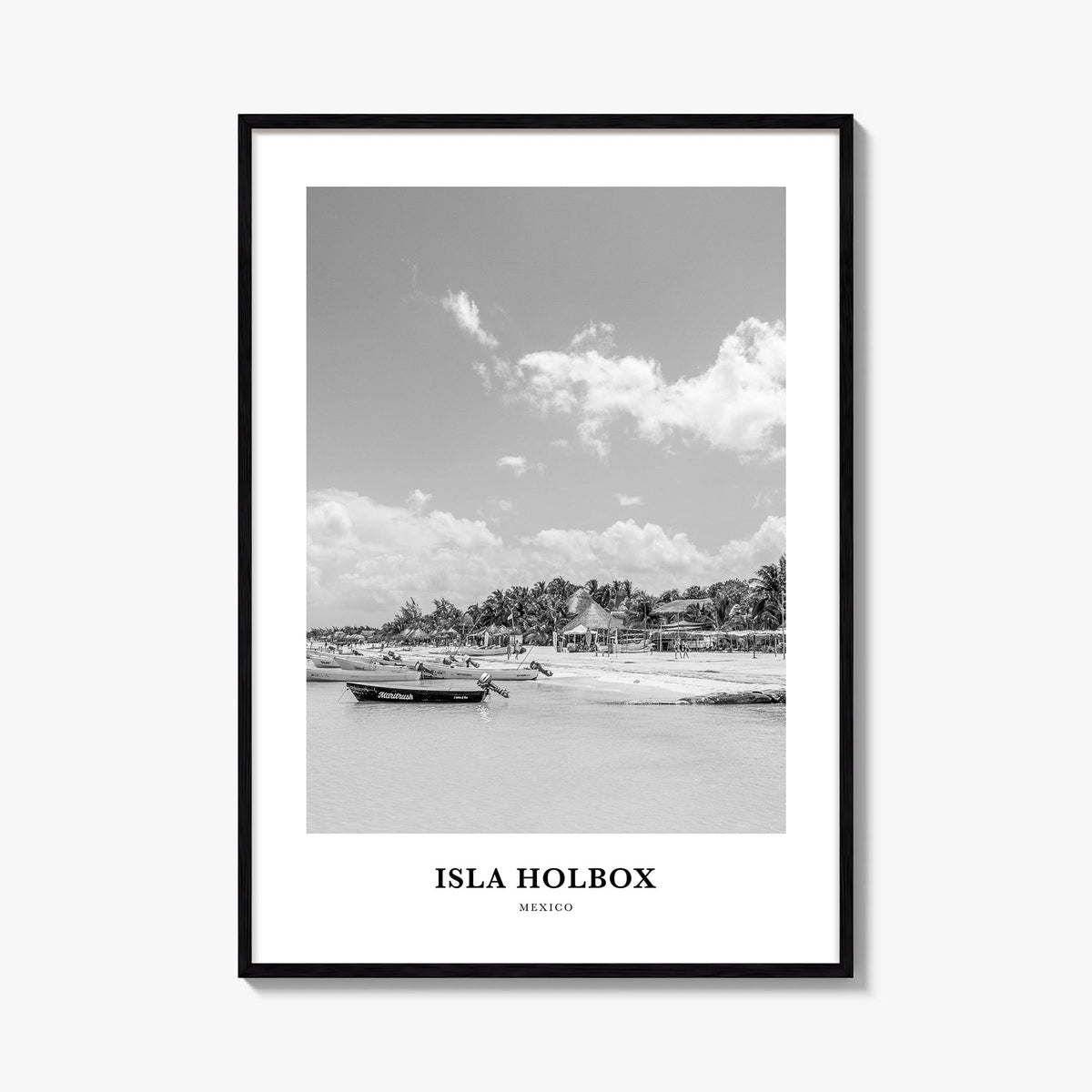 Isla Holbox black & white classic poster of Mexico – vertical wall art, unframed print shown in interior mockup