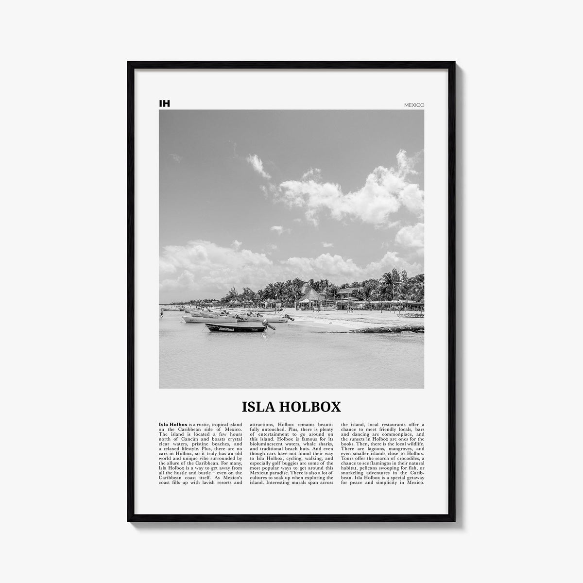Isla Holbox black & white newspaper poster of Mexico – vertical wall art, unframed print shown in interior mockup