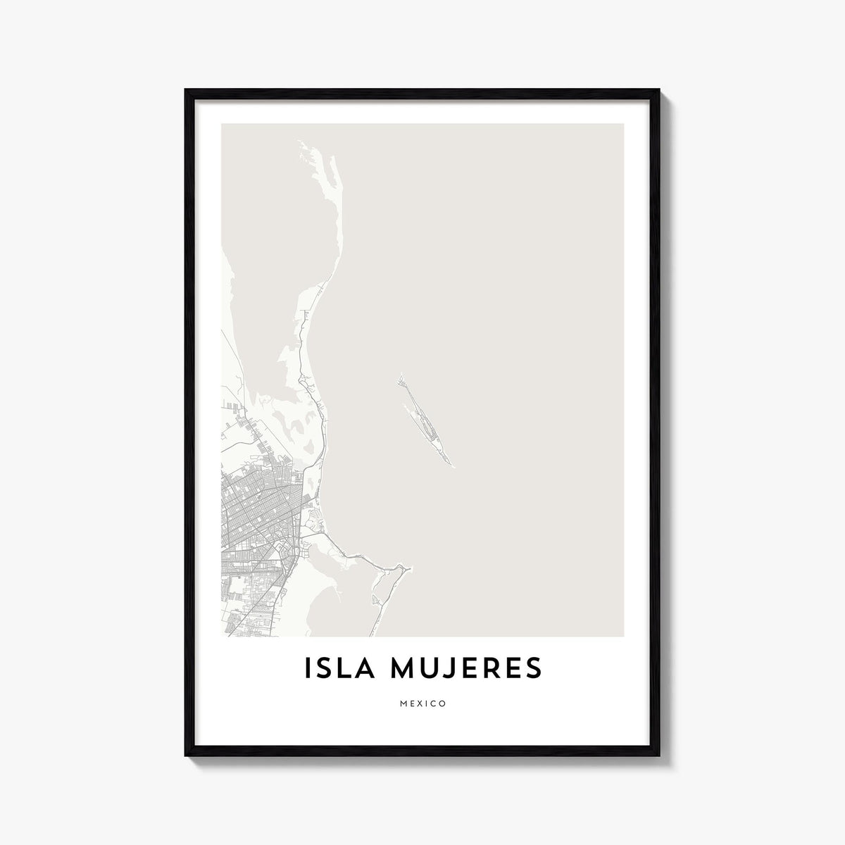 Isla Mujeres black & white map poster of Mexico – vertical wall art, unframed print shown in interior mockup