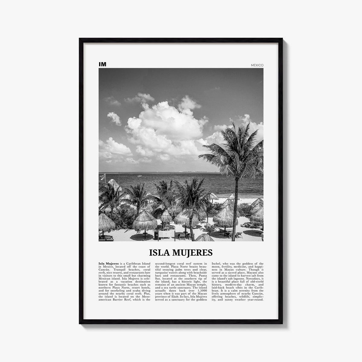 Isla Mujeres black & white newspaper poster of Mexico – vertical wall art, unframed print shown in interior mockup