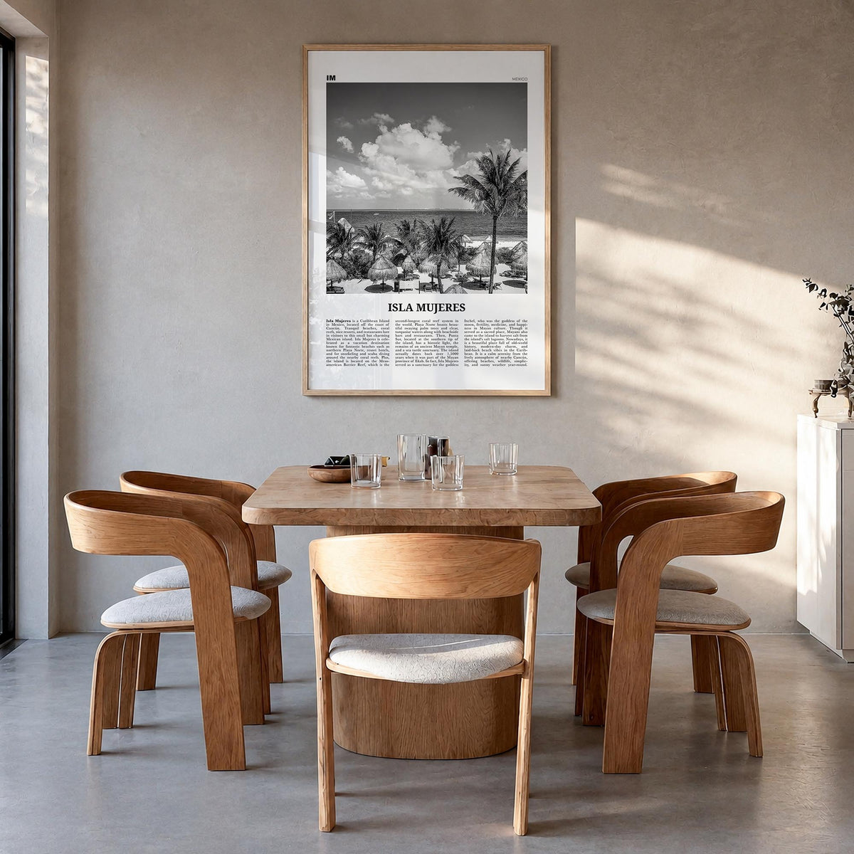 Isla Mujeres black & white newspaper poster of Mexico – vertical wall art in natural wood frame, hanging on wall