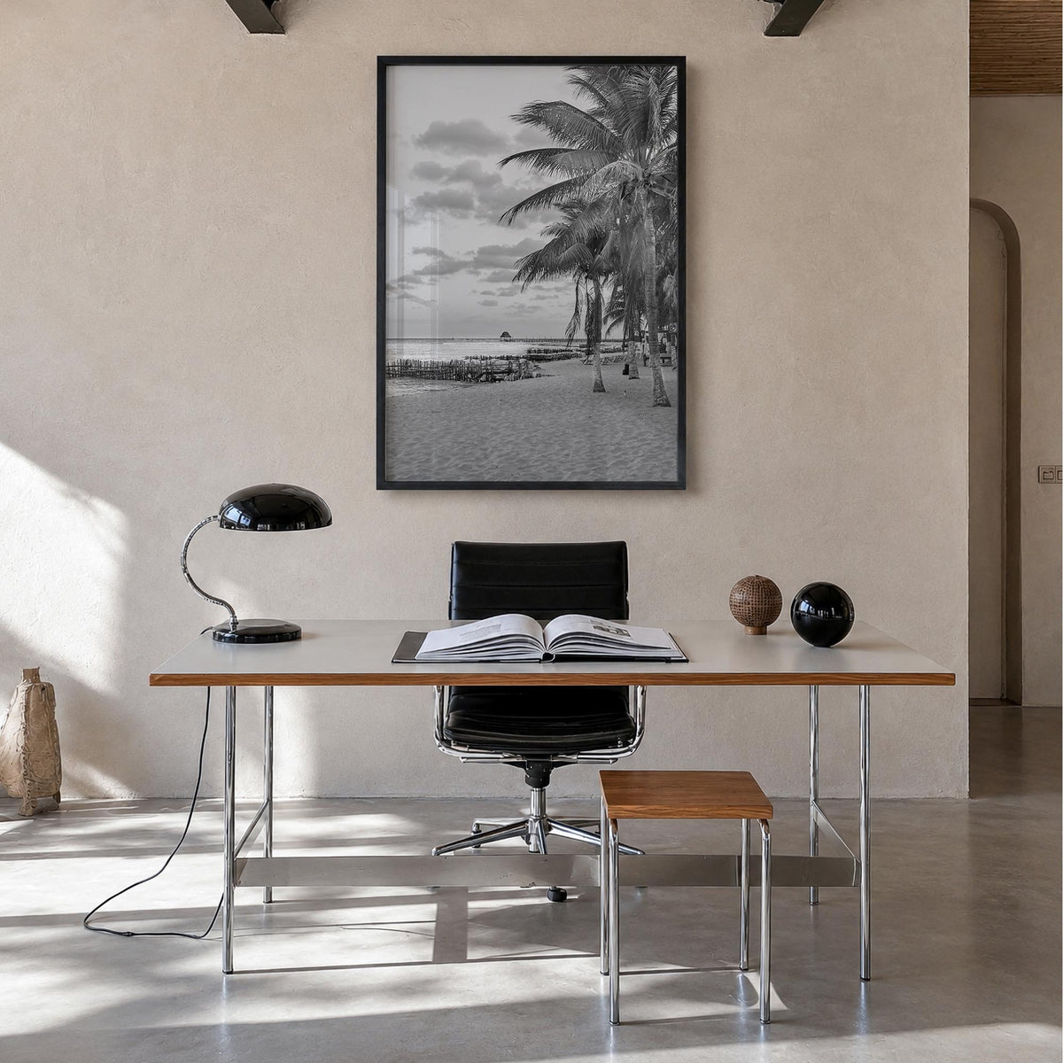 Isla Mujeres black & white photo poster of Mexico – vertical wall art in black wood frame, hanging on wall