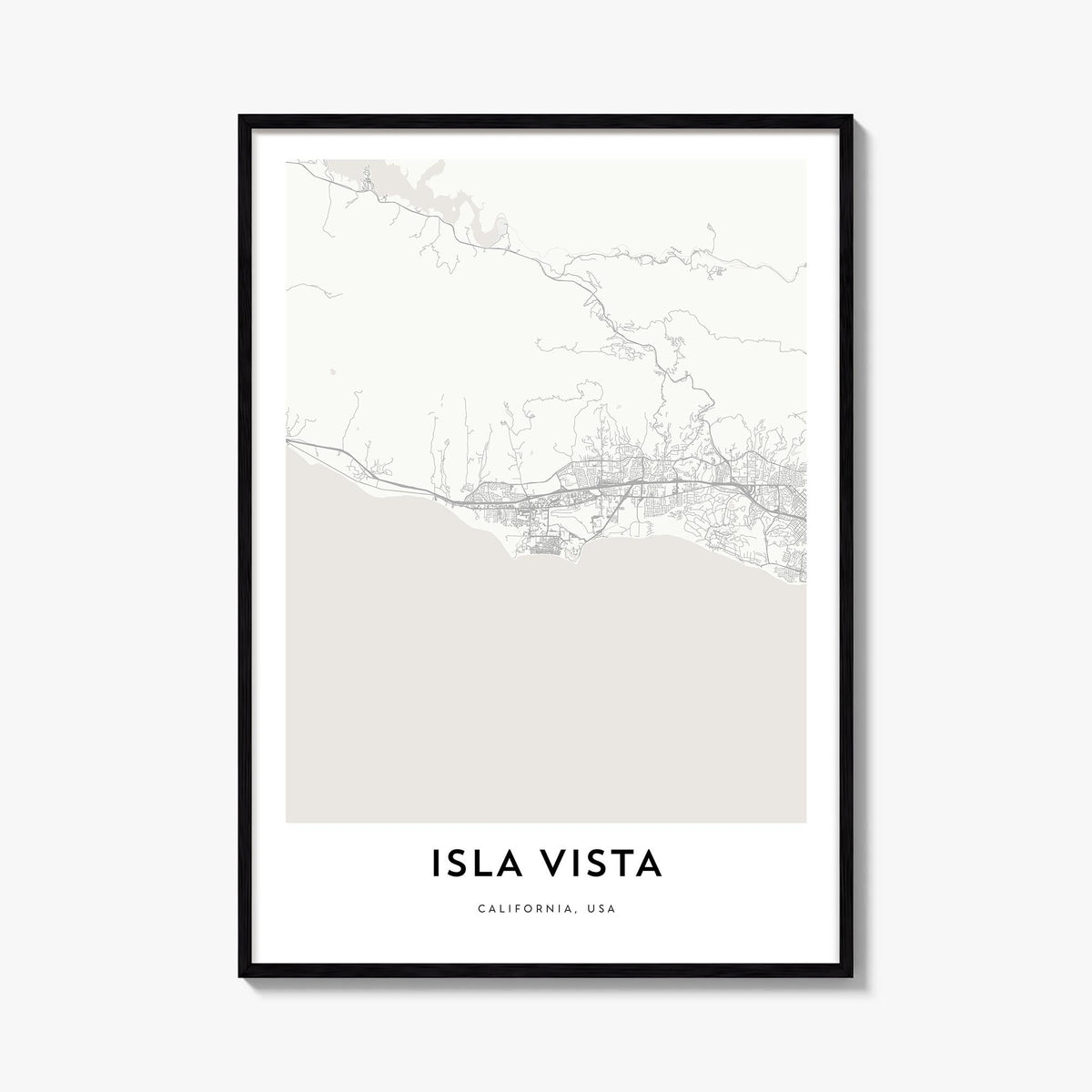 Isla Vista black & white map poster of California, USA – vertical wall art, unframed print shown in interior mockup
