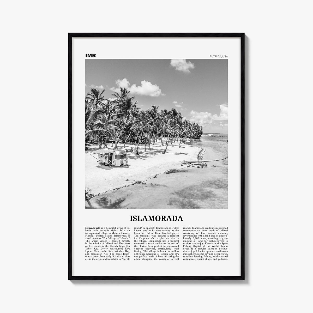 Islamorada black & white newspaper poster of Florida, USA – vertical wall art, unframed print shown in interior mockup