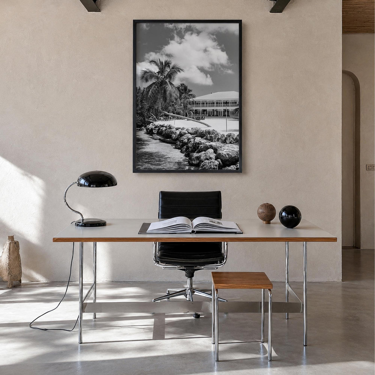 Islamorada black & white photo poster of Florida, USA – vertical wall art in black wood frame, hanging on wall
