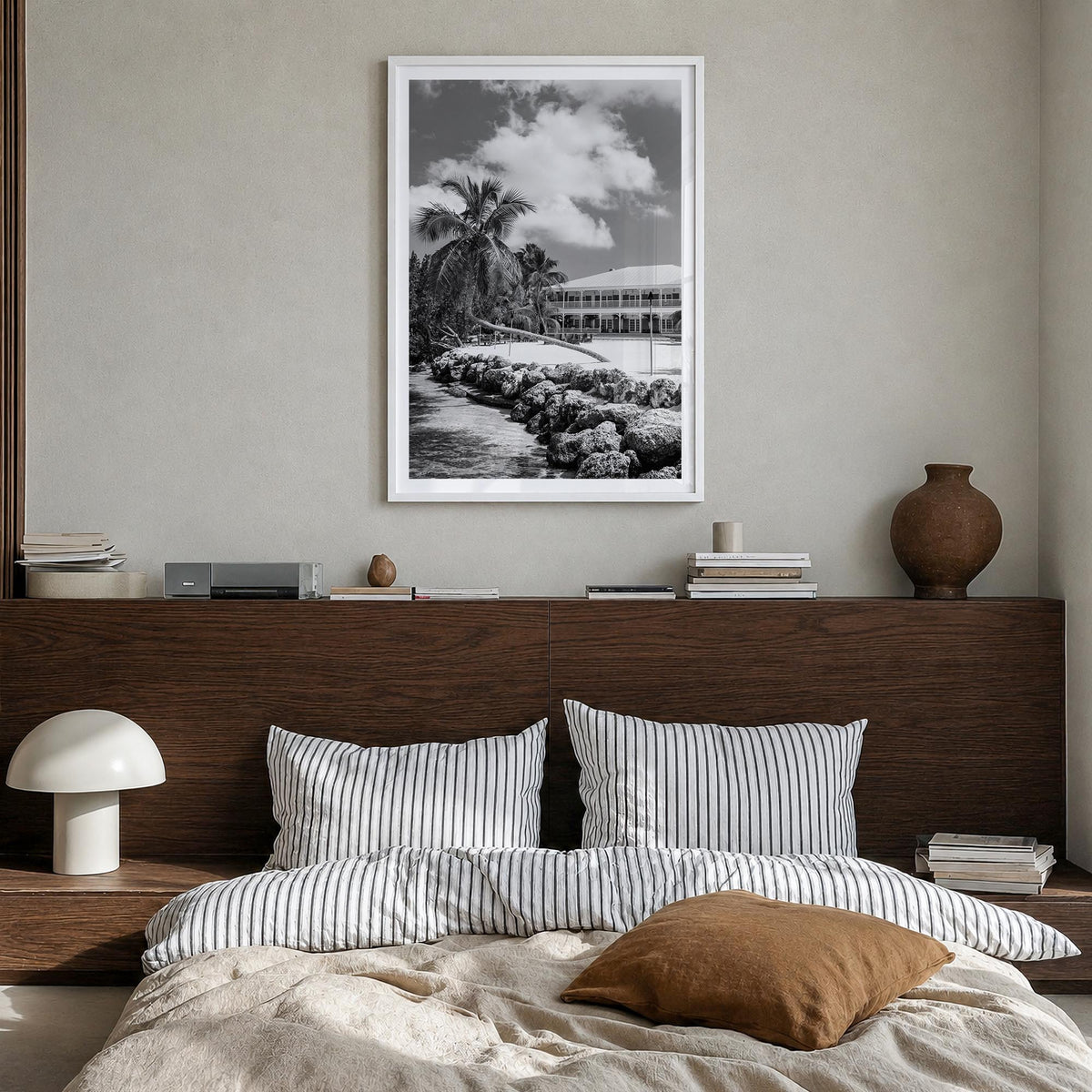 Islamorada black & white photo poster of Florida, USA – vertical wall art in white wood frame with white border, hanging on w