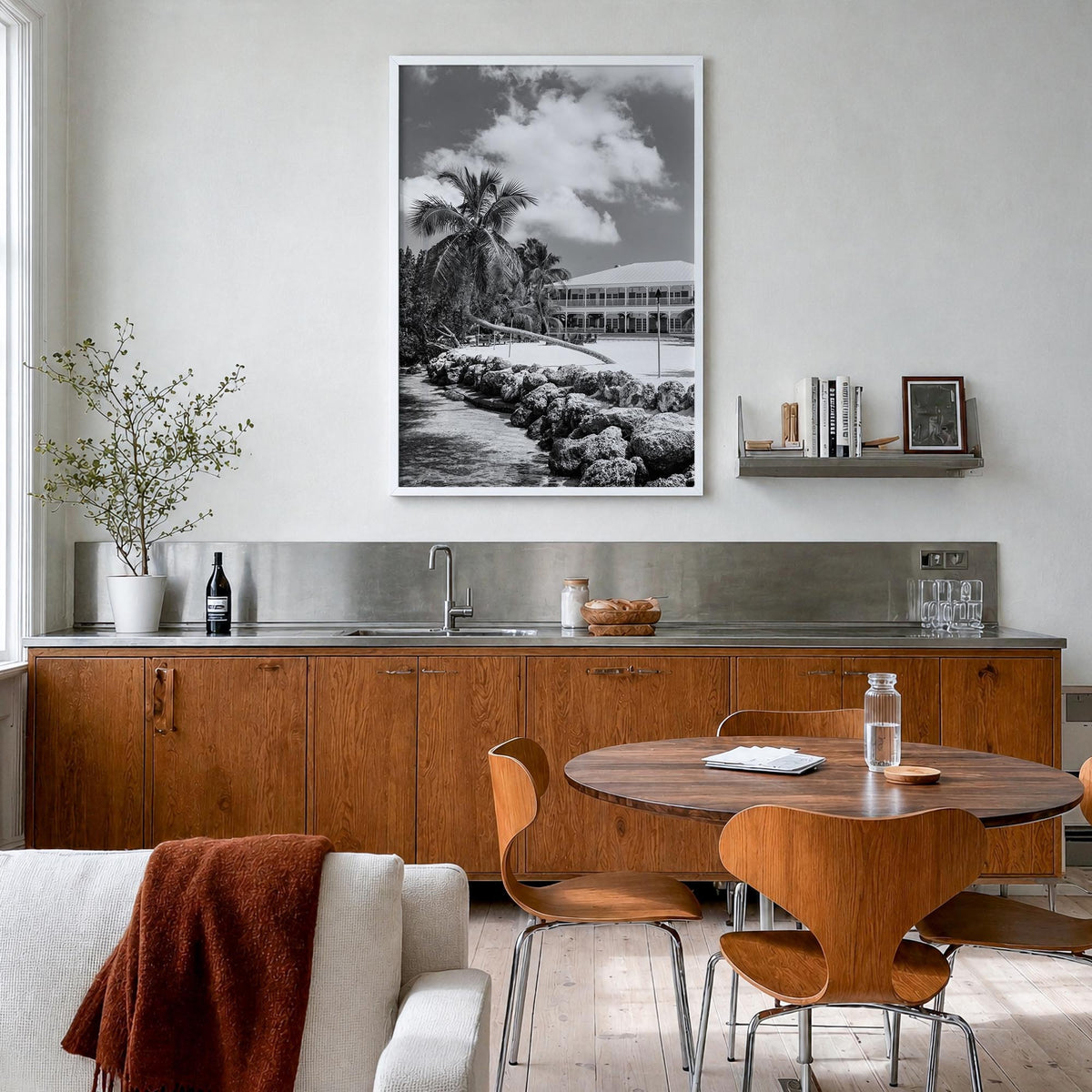 Islamorada black & white photo poster of Florida, USA – vertical wall art in white wood frame, hanging on wall