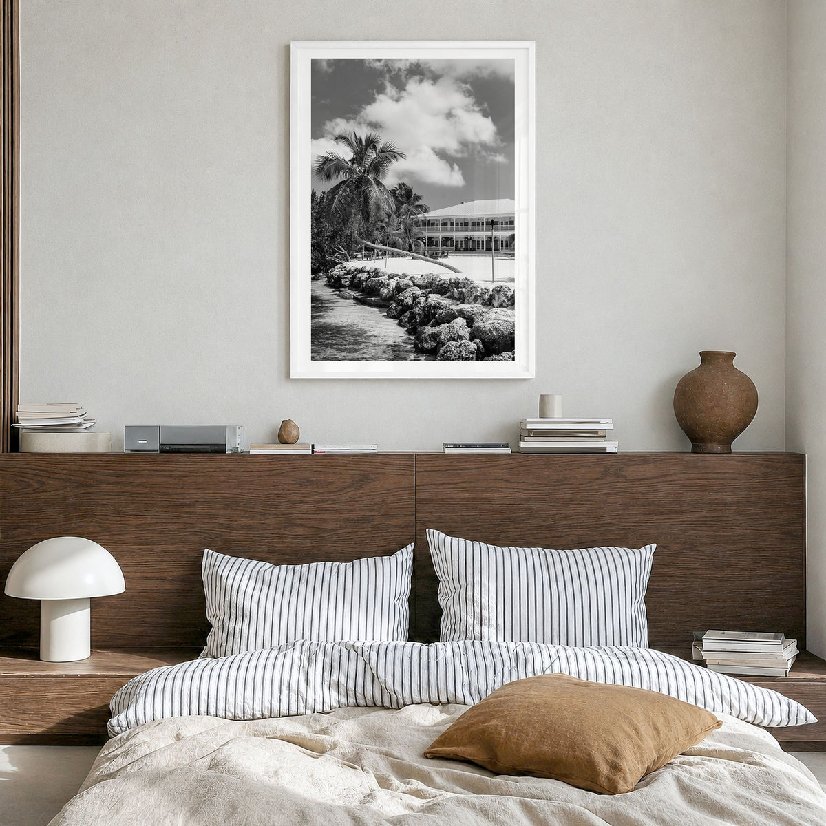 Islamorada Photo Poster in a white wood frame, hanging in a bedroom, white border