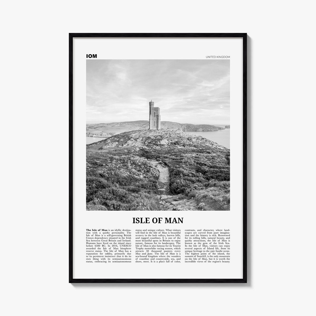 Isle of Man black & white newspaper poster of Europe – vertical wall art, unframed print shown in interior mockup