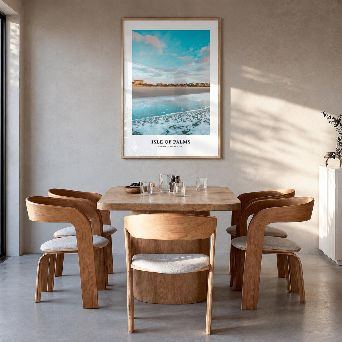 Isle of Palms colorful classic poster of South Carolina, USA – vertical wall art in natural wood frame, hanging on wall