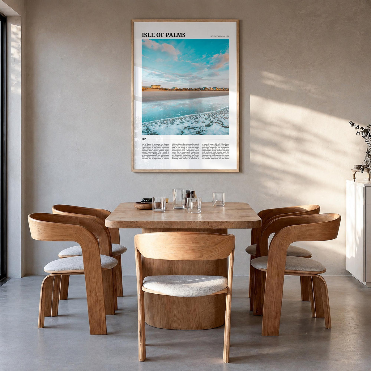 Isle of Palms colorful travel poster of South Carolina, USA – vertical wall art in natural wood frame, hanging on wall