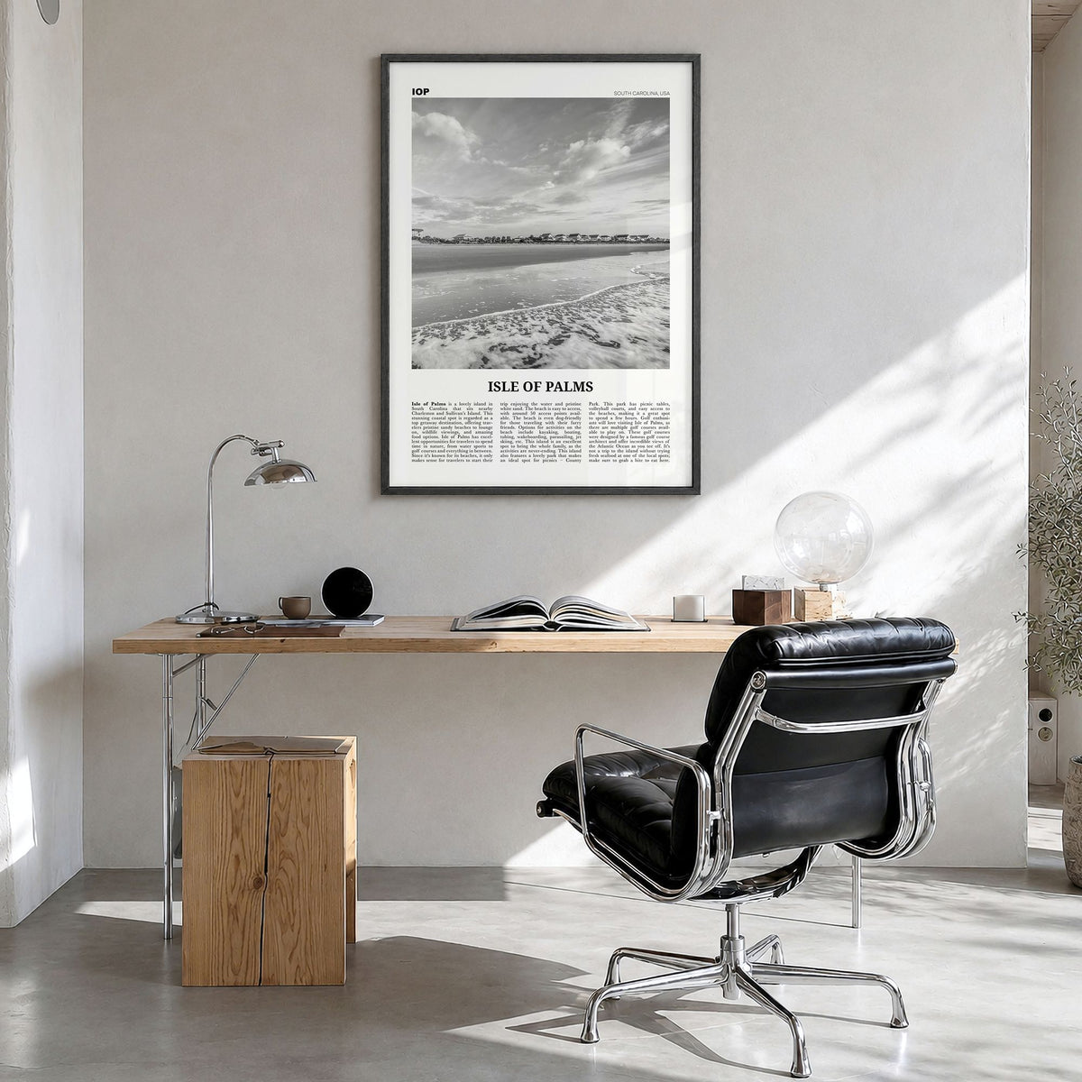 Isle of Palms Newspaper Poster in a black wood frame, hanging in a bright home office