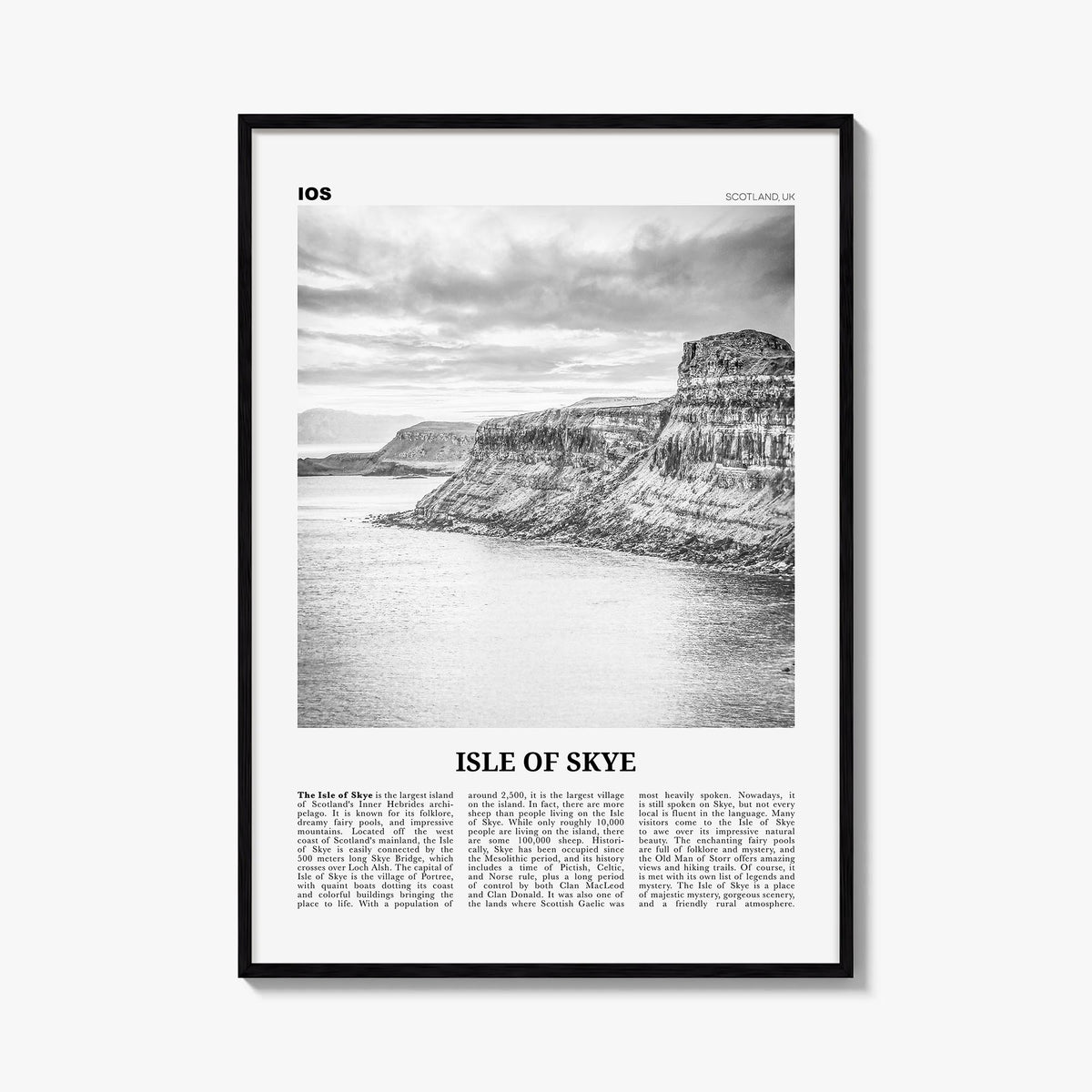 Isle of Skye black & white newspaper poster of Scotland, UK – vertical wall art, unframed print shown in interior mockup