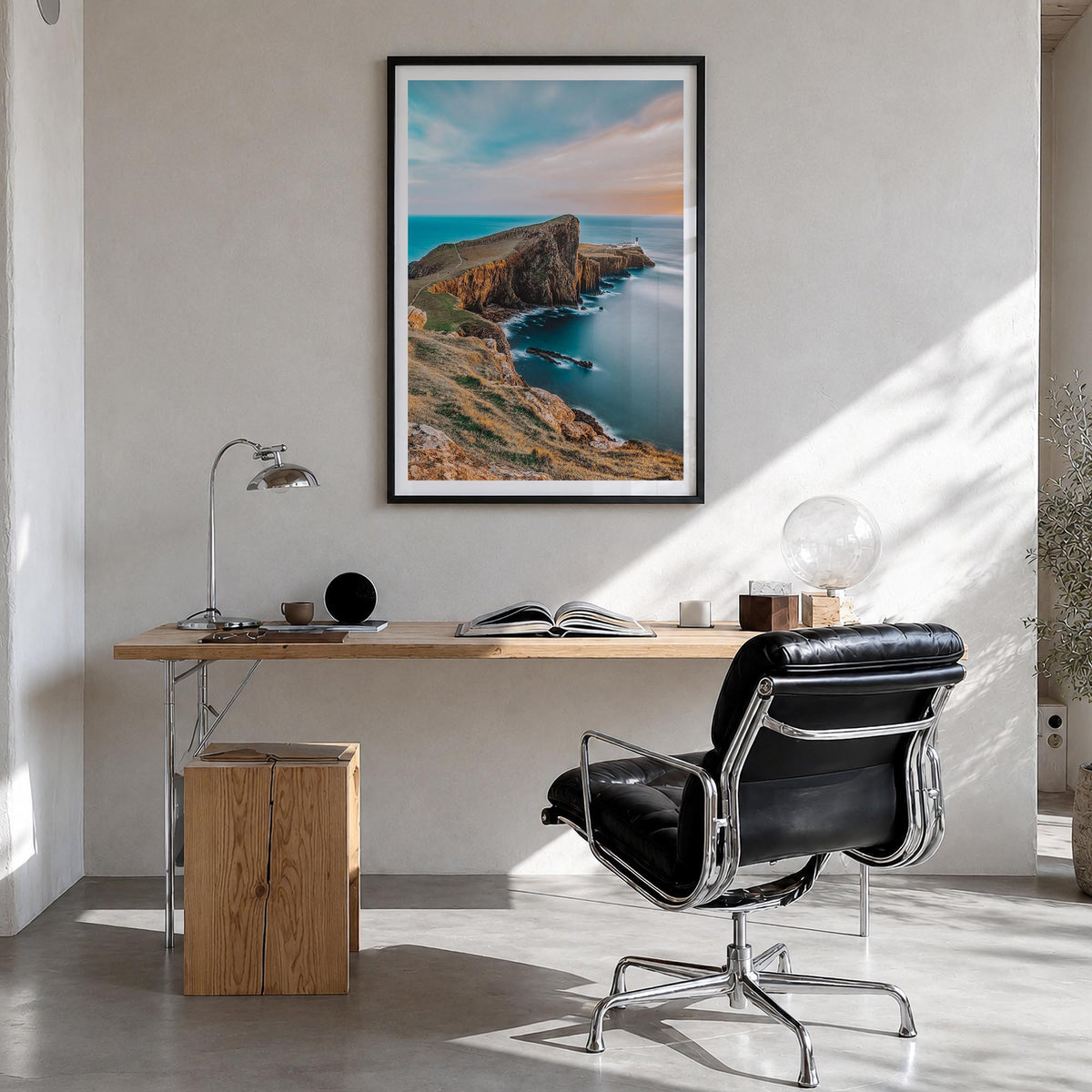 Isle of Skye colorful photo poster of Scotland, UK – vertical wall art in black wood frame with white border, hanging on wall