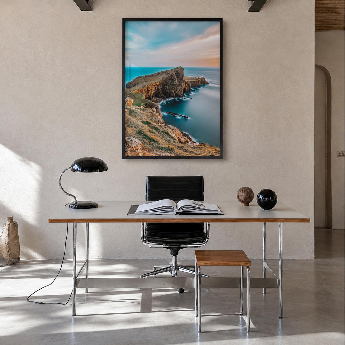 Isle of Skye colorful photo poster of Scotland, UK – vertical wall art in black wood frame, hanging on wall