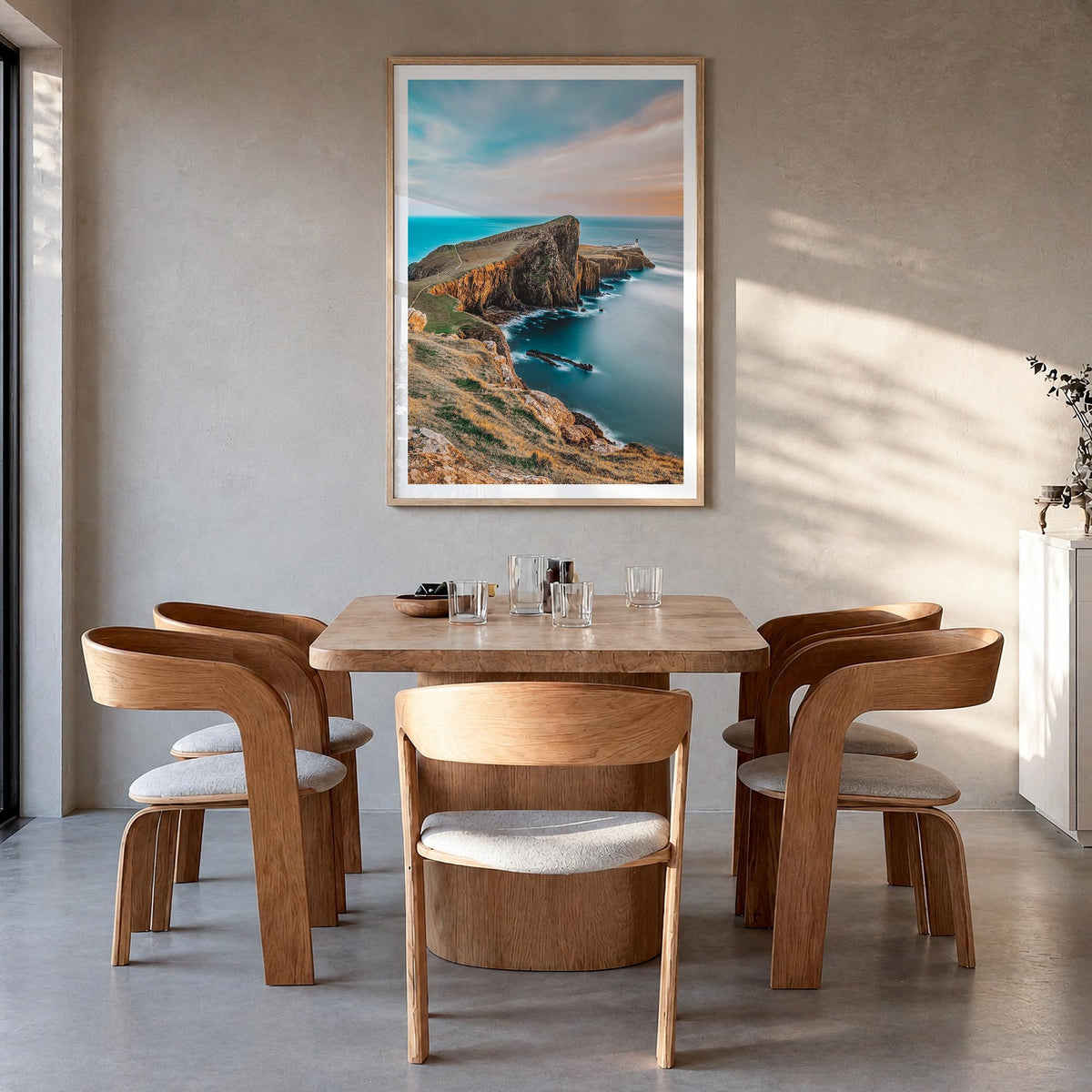 Isle of Skye colorful photo poster of Scotland, UK – vertical wall art in natural wood frame with white border, hanging on wa