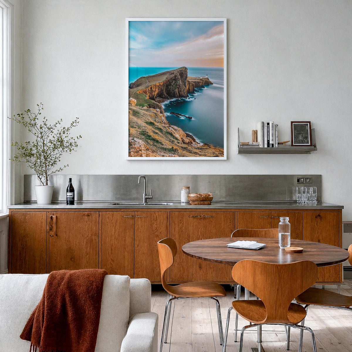Isle of Skye colorful photo poster of Scotland, UK – vertical wall art in white wood frame, hanging on wall