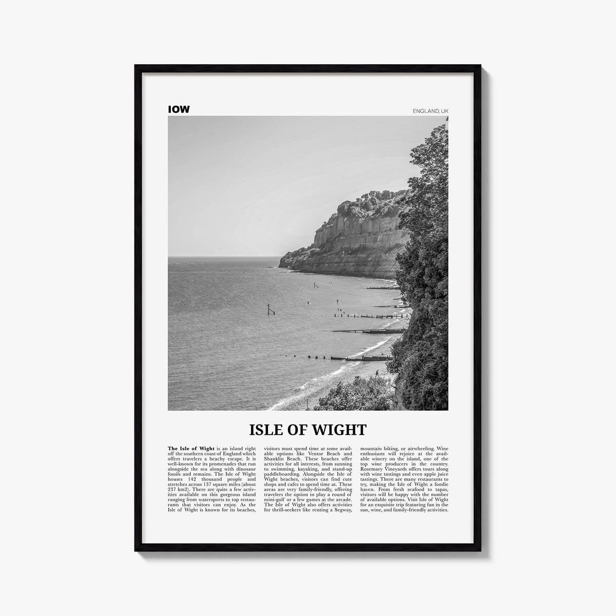 Isle of Wight black & white newspaper poster of United Kingdom – vertical wall art, unframed print shown in interior mockup