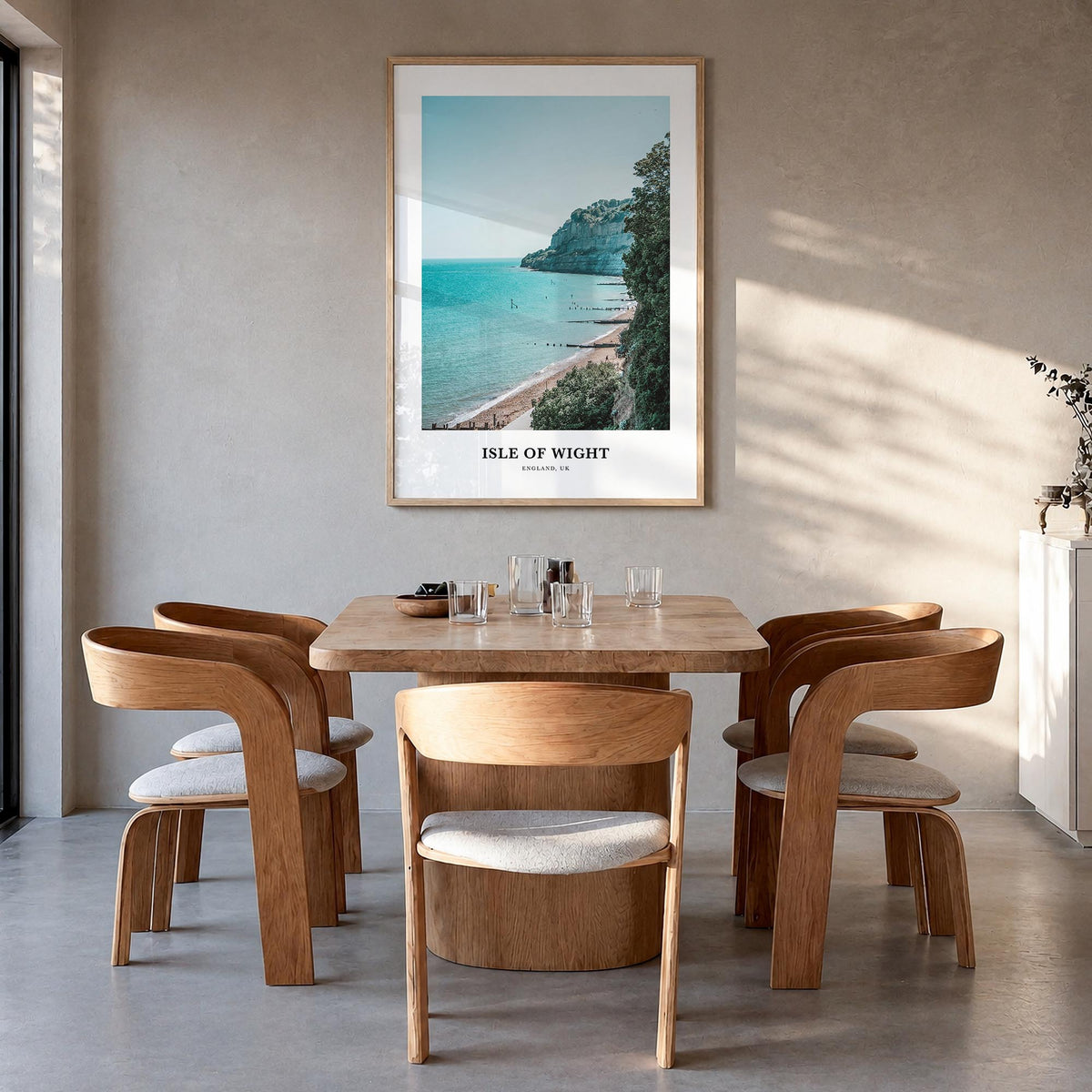 Isle of Wight colorful classic poster of United Kingdom – vertical wall art in natural wood frame, hanging on wall
