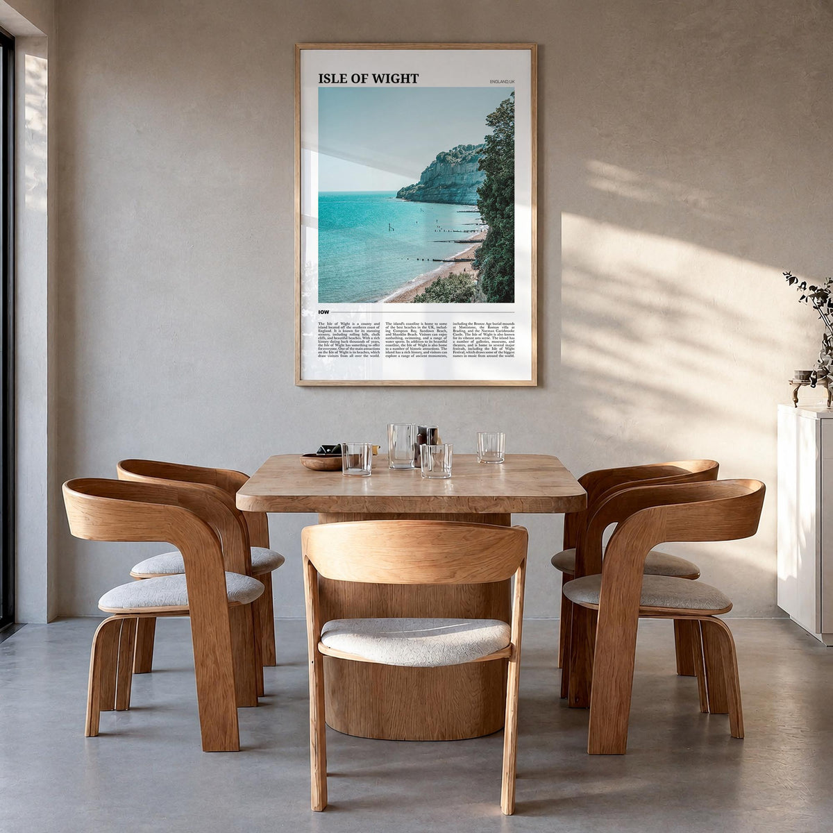 Isle of Wight colorful travel poster of United Kingdom – vertical wall art in natural wood frame, hanging on wall