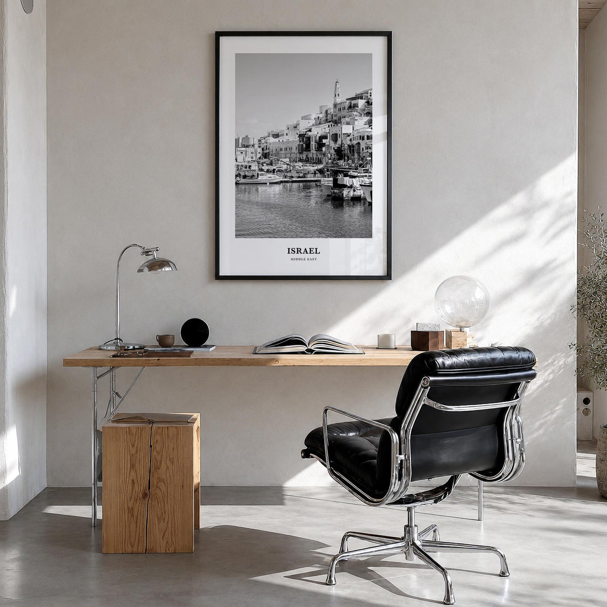 Israel black & white classic poster of Middle East – vertical wall art in black wood frame, hanging on wall