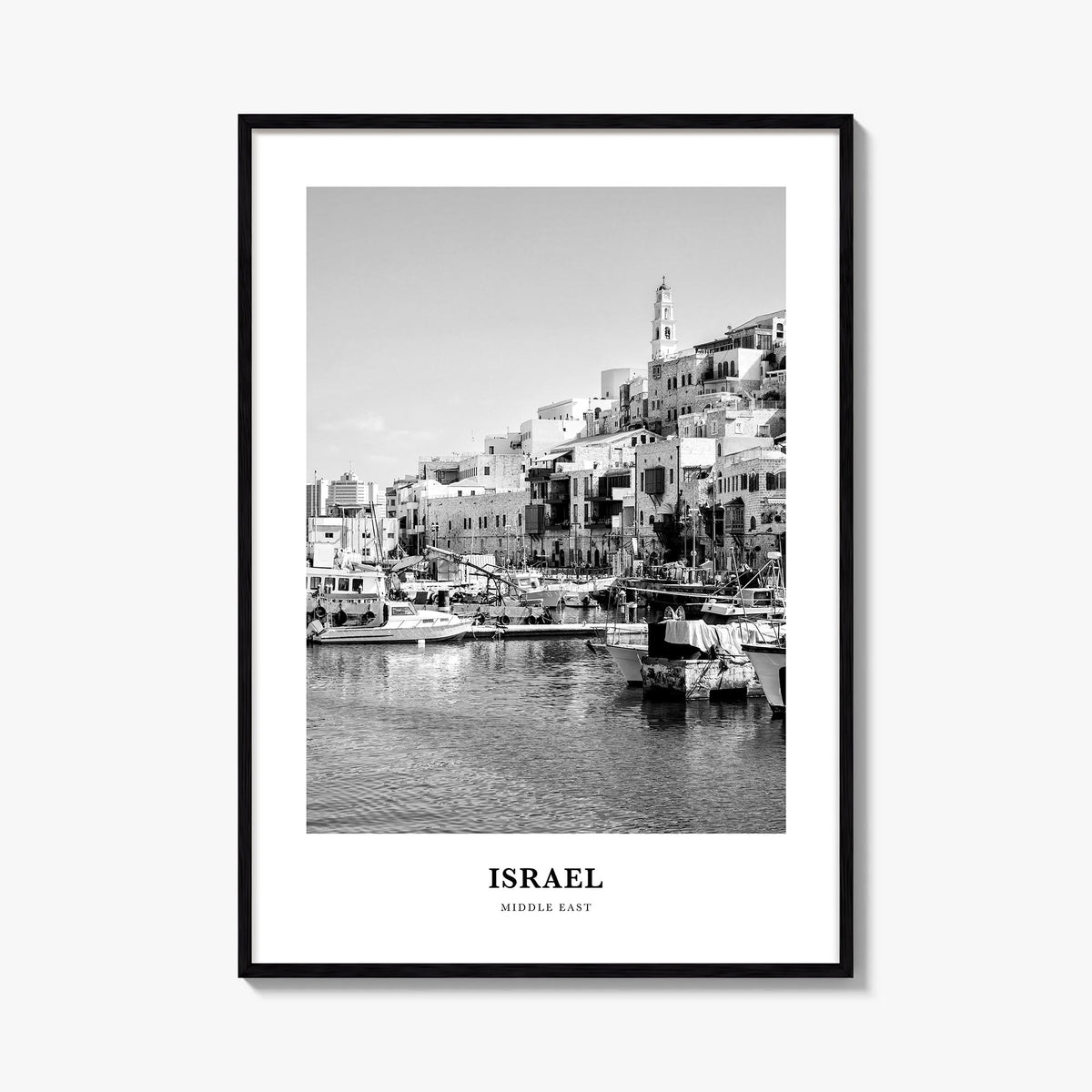 Israel black & white classic poster of Middle East – vertical wall art, unframed print shown in interior mockup