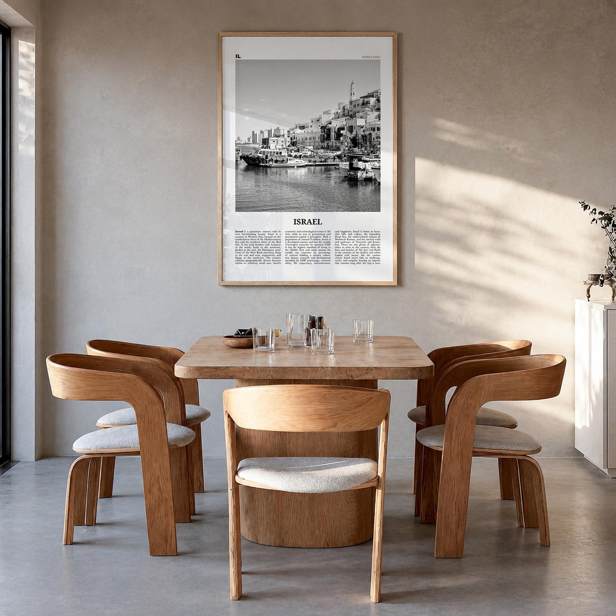 Israel black & white newspaper poster of Middle East – vertical wall art in natural wood frame, hanging on wall
