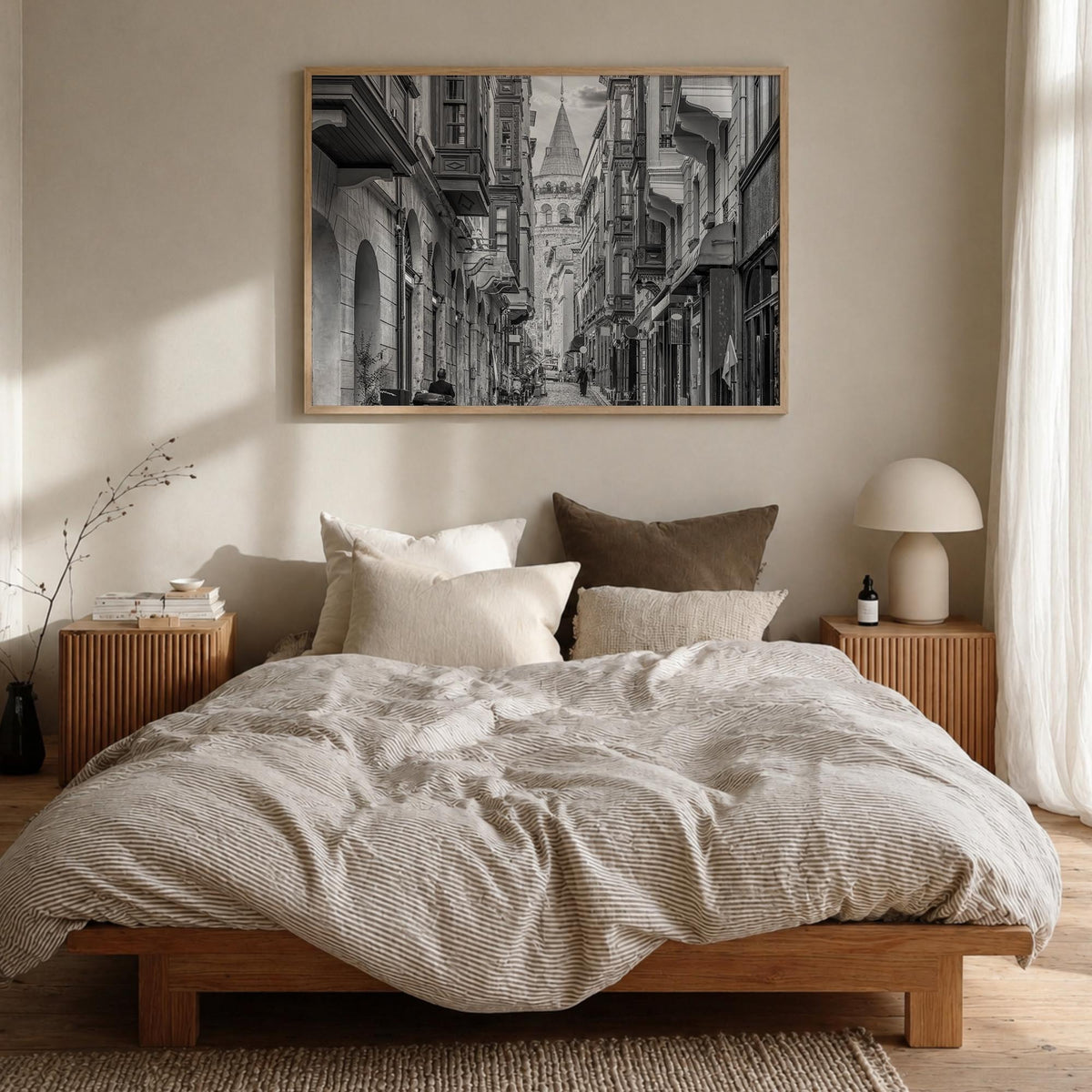 Istanbul black & white photo poster of Türkiye – horizontal wall art in natural wood frame, hanging on wall