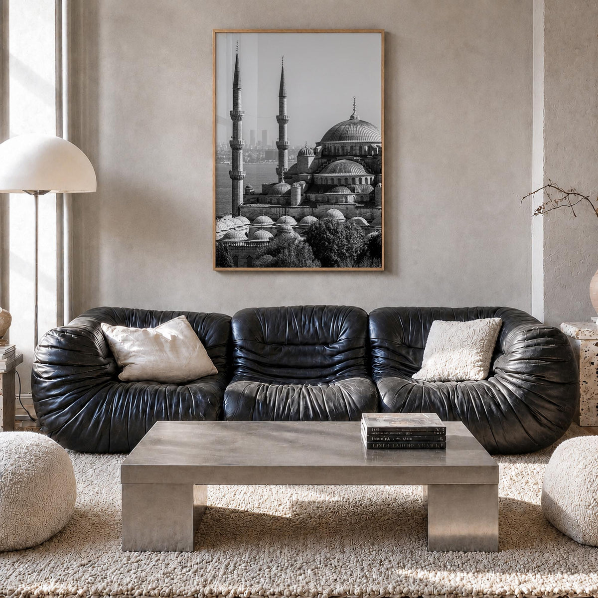 Istanbul black & white photo poster of Türkiye – vertical wall art in natural wood frame, hanging on wall