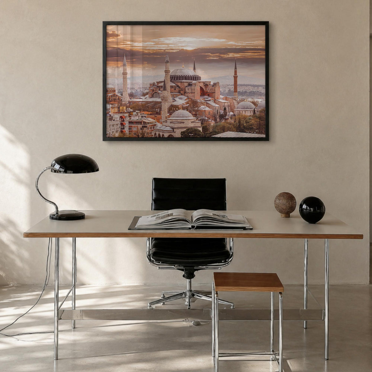 Istanbul colorful photo poster of Türkiye – horizontal wall art in black wood frame, hanging on wall