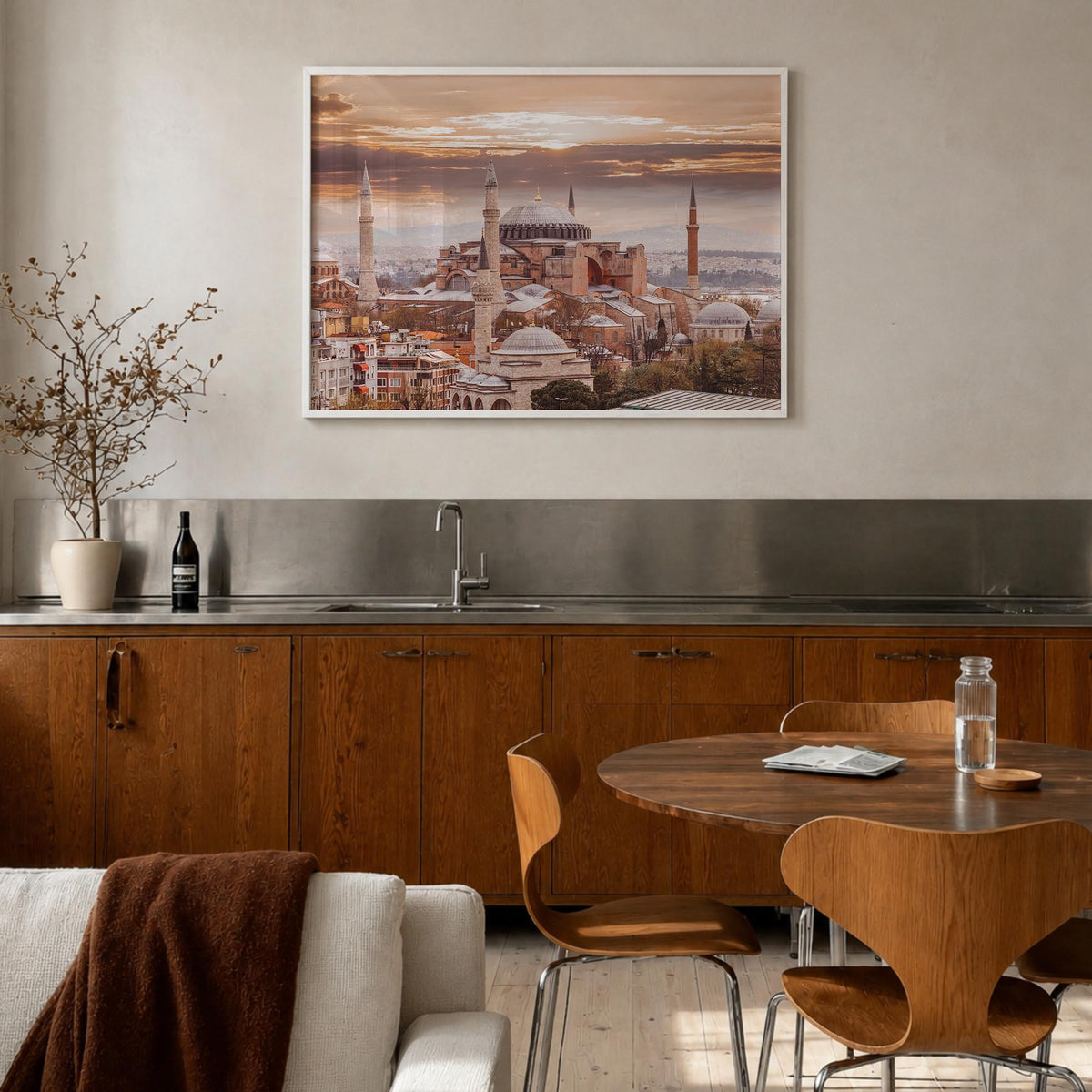 Istanbul colorful photo poster of Türkiye – horizontal wall art in white wood frame, hanging on wall