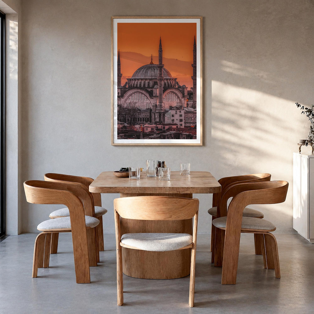 Istanbul no. 1 colorful photo poster of Türkiye – vertical wall art in natural wood frame with white border, hanging on wall
