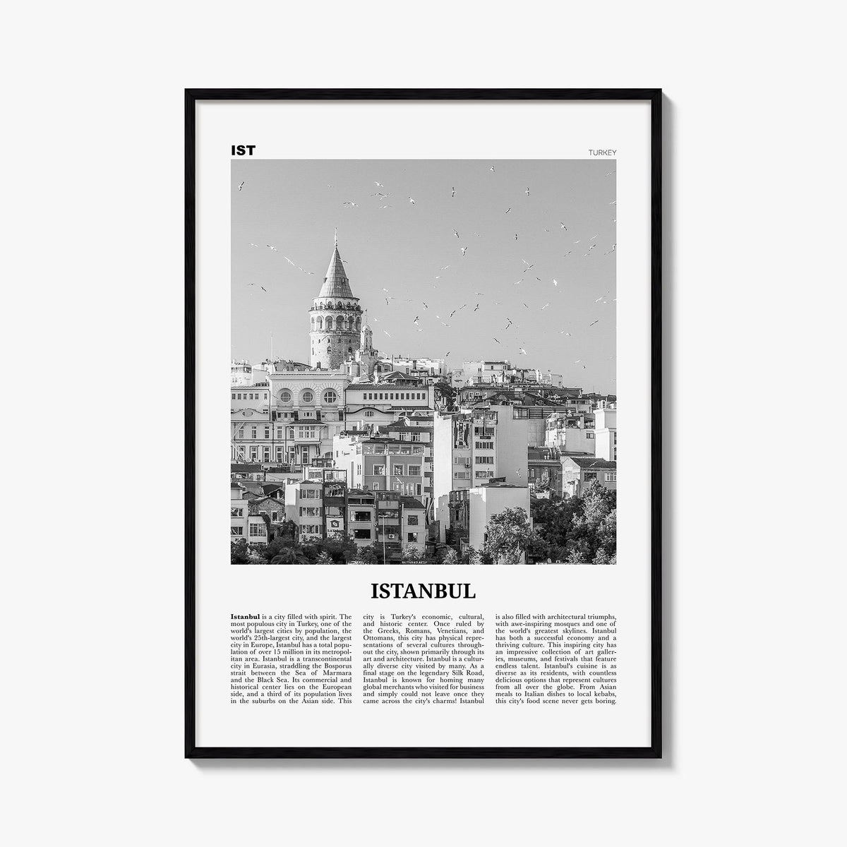 Istanbul no. 2 black & white newspaper poster of Türkiye – vertical wall art, unframed print shown in interior mockup