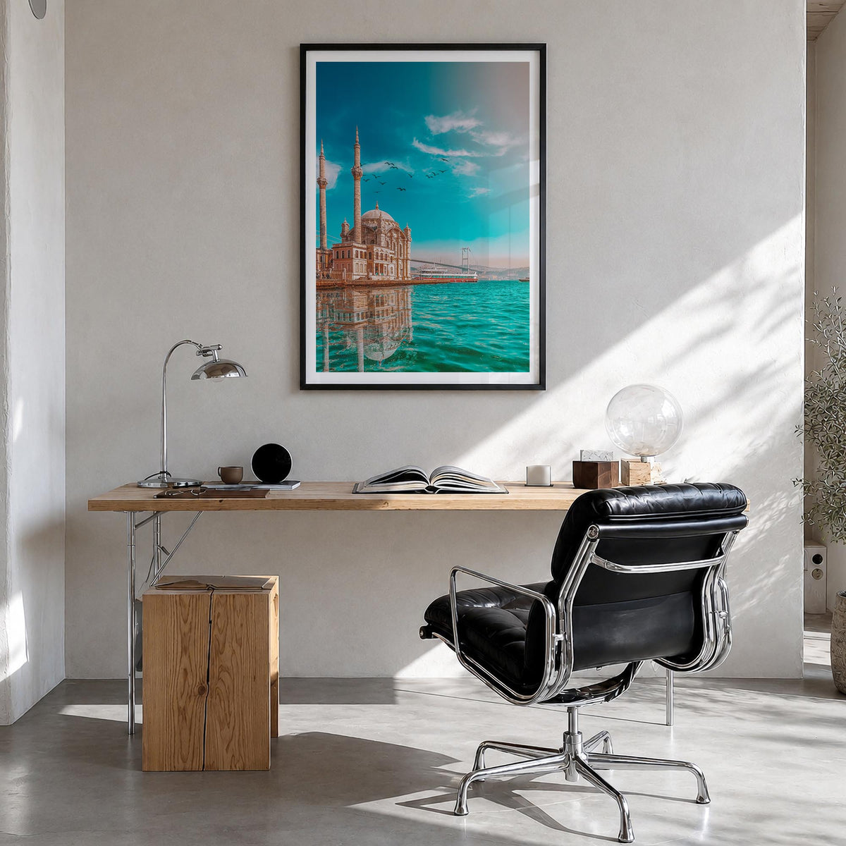 Istanbul no. 2 colorful photo poster of Türkiye – vertical wall art in black wood frame with white border, hanging on wall