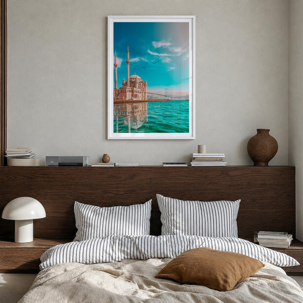 Istanbul no. 2 colorful photo poster of Türkiye – vertical wall art in white wood frame with white border, hanging on wall