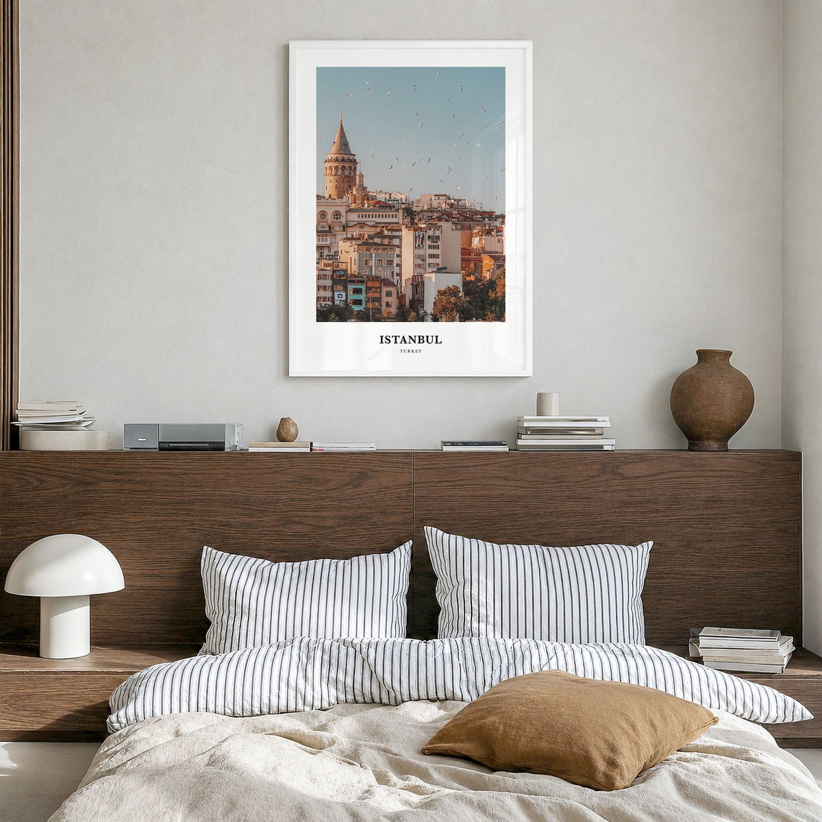 Istanbul Classic Poster in a white wood frame, hanging in a bedroom