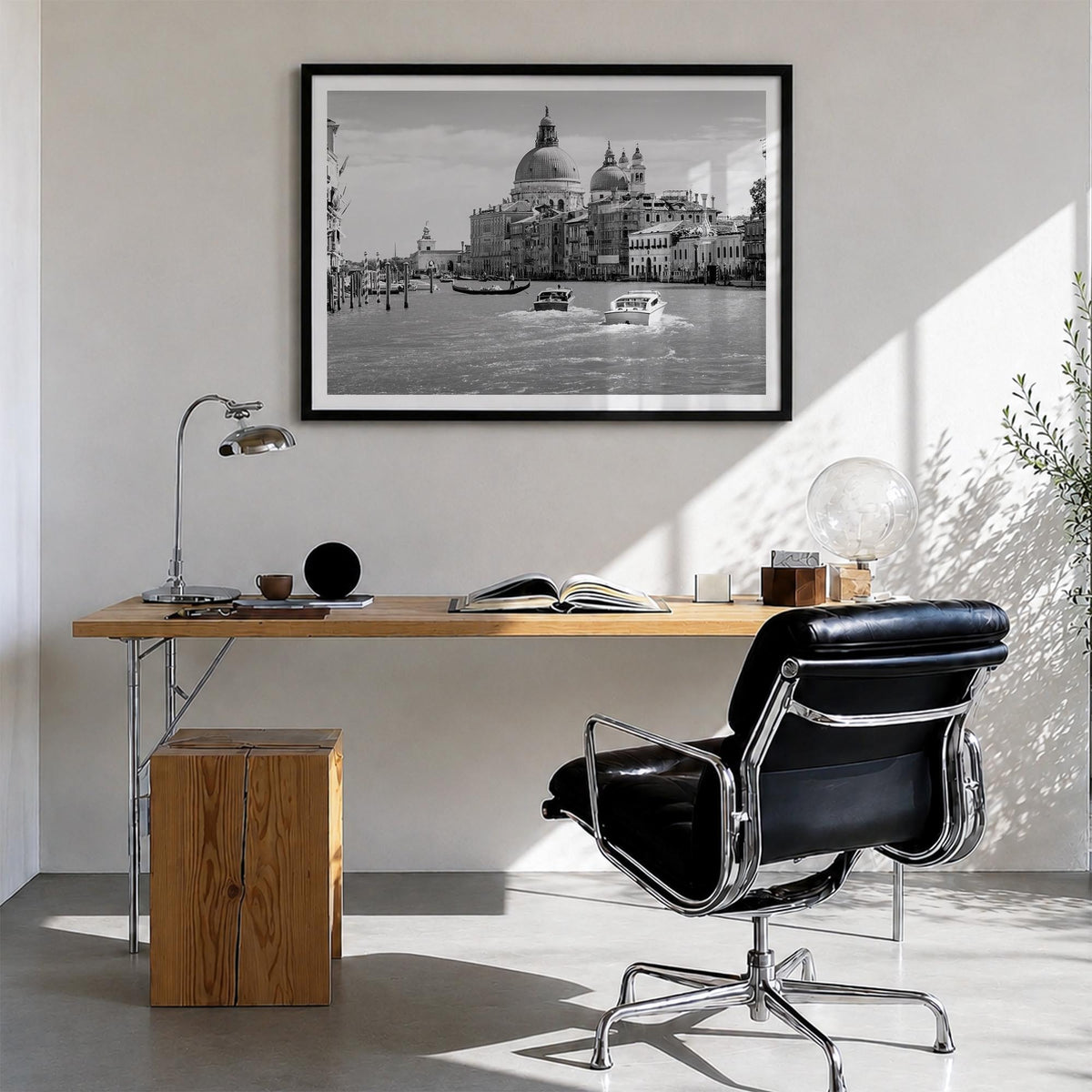 Italy black & white photo poster of Europe – horizontal wall art in black wood frame with white border, hanging on wall