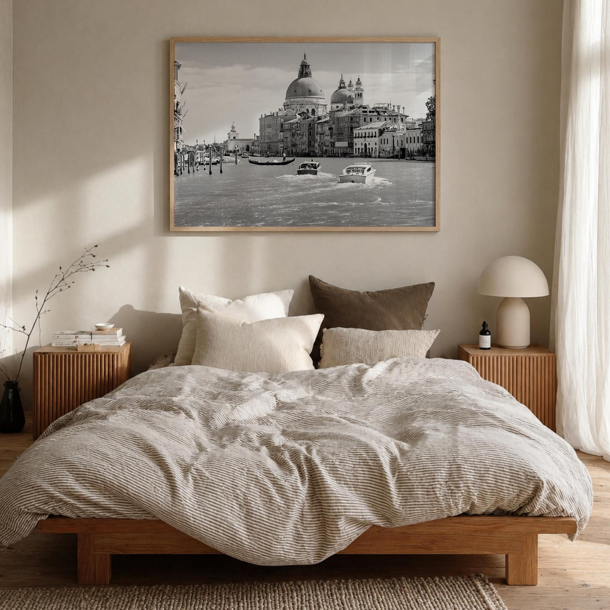 Italy black & white photo poster of Europe – horizontal wall art in natural wood frame, hanging on wall