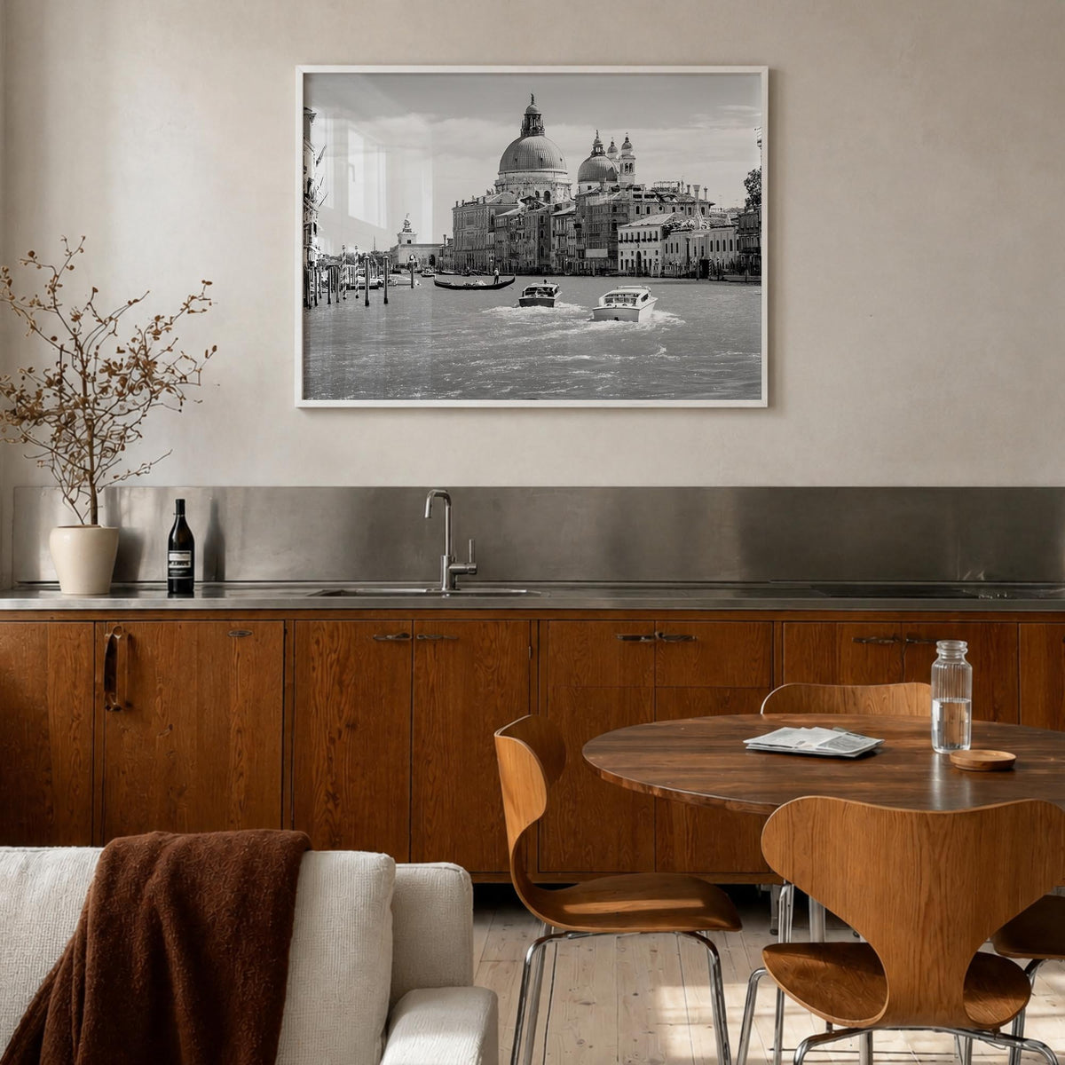Italy black & white photo poster of Europe – horizontal wall art in white wood frame, hanging on wall