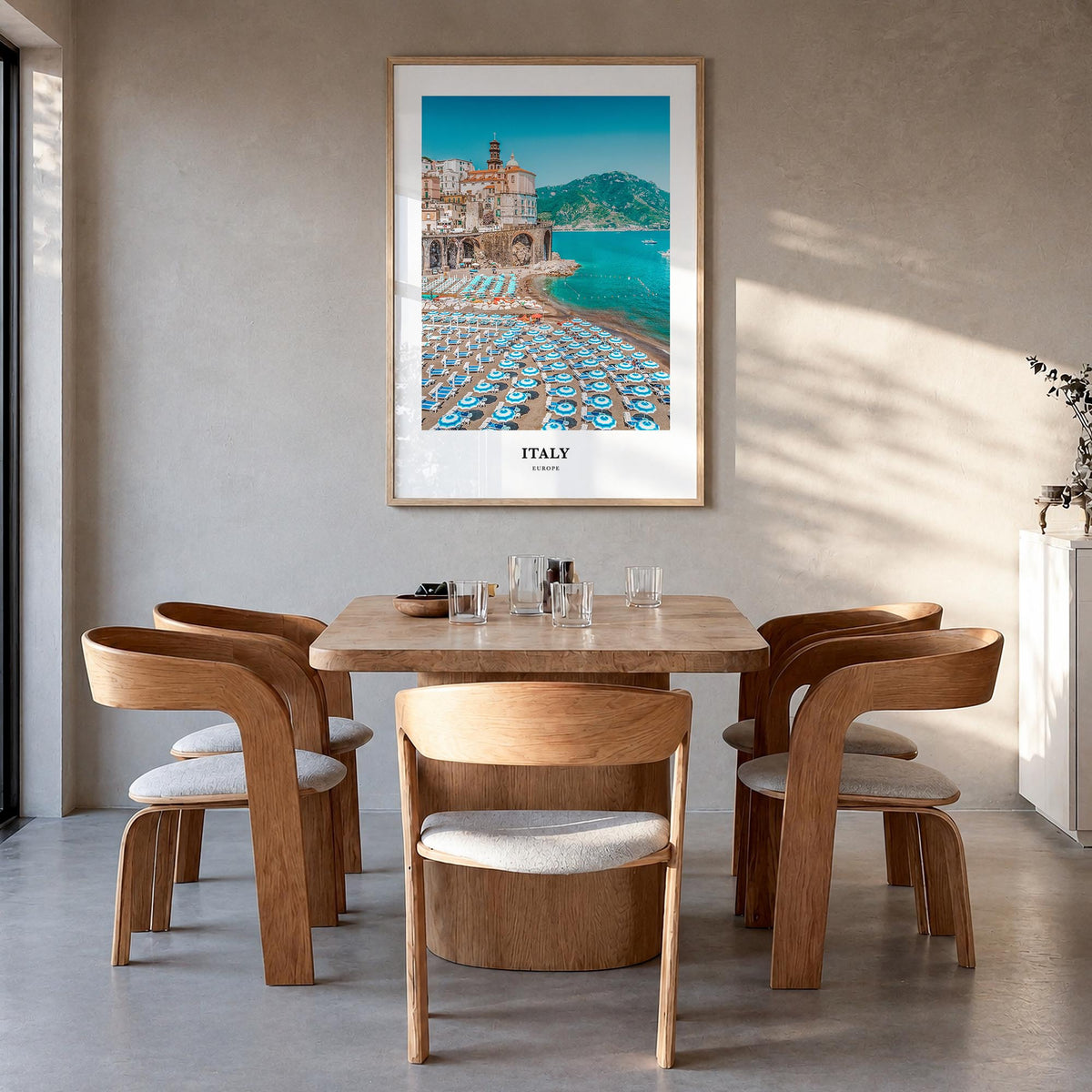 Italy colorful classic poster of Europe – vertical wall art in natural wood frame, hanging on wall
