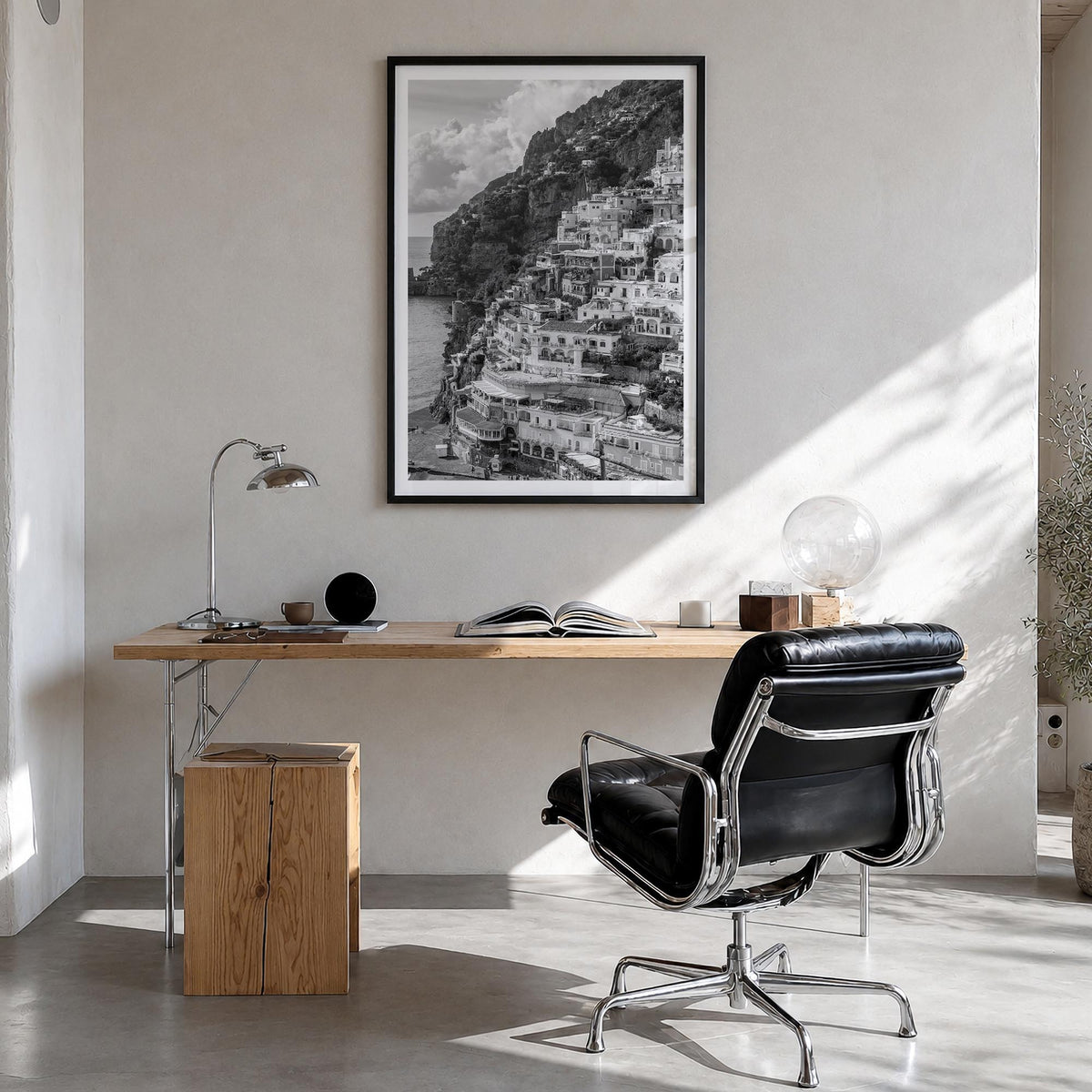 Italy no. 1 black & white photo poster of Europe – vertical wall art in black wood frame with white border, hanging on wall