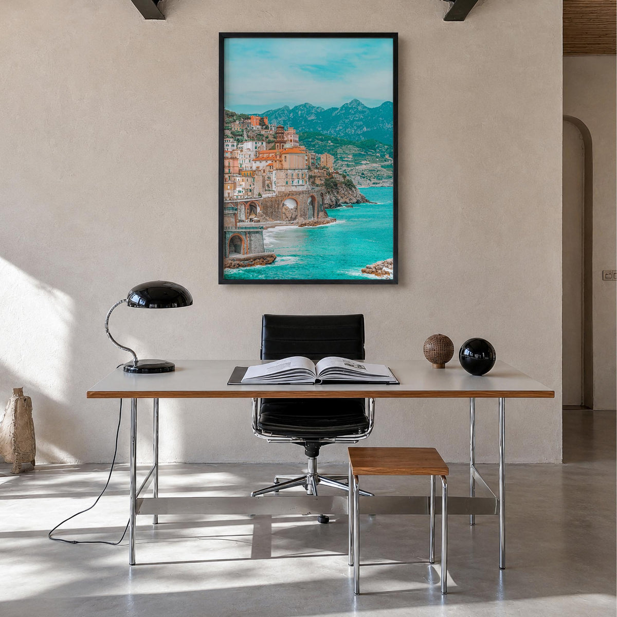 Italy no. 1 colorful photo poster of Europe – vertical wall art in black wood frame, hanging on wall