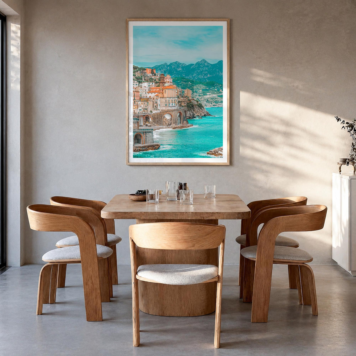 Italy no. 1 colorful photo poster of Europe – vertical wall art in natural wood frame with white border, hanging on wall