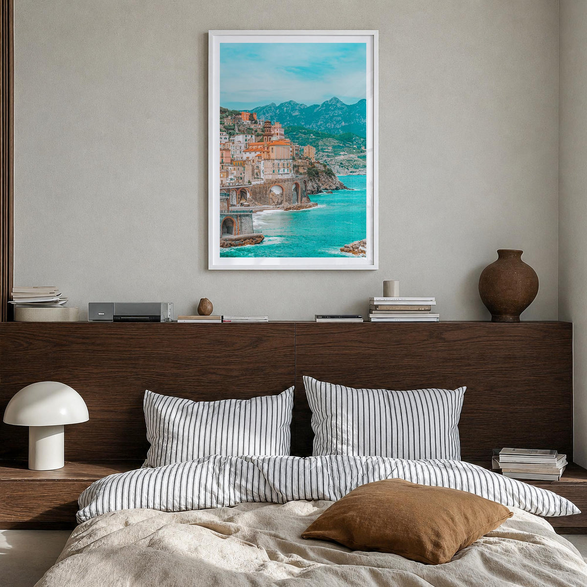Italy no. 1 colorful photo poster of Europe – vertical wall art in white wood frame with white border, hanging on wall