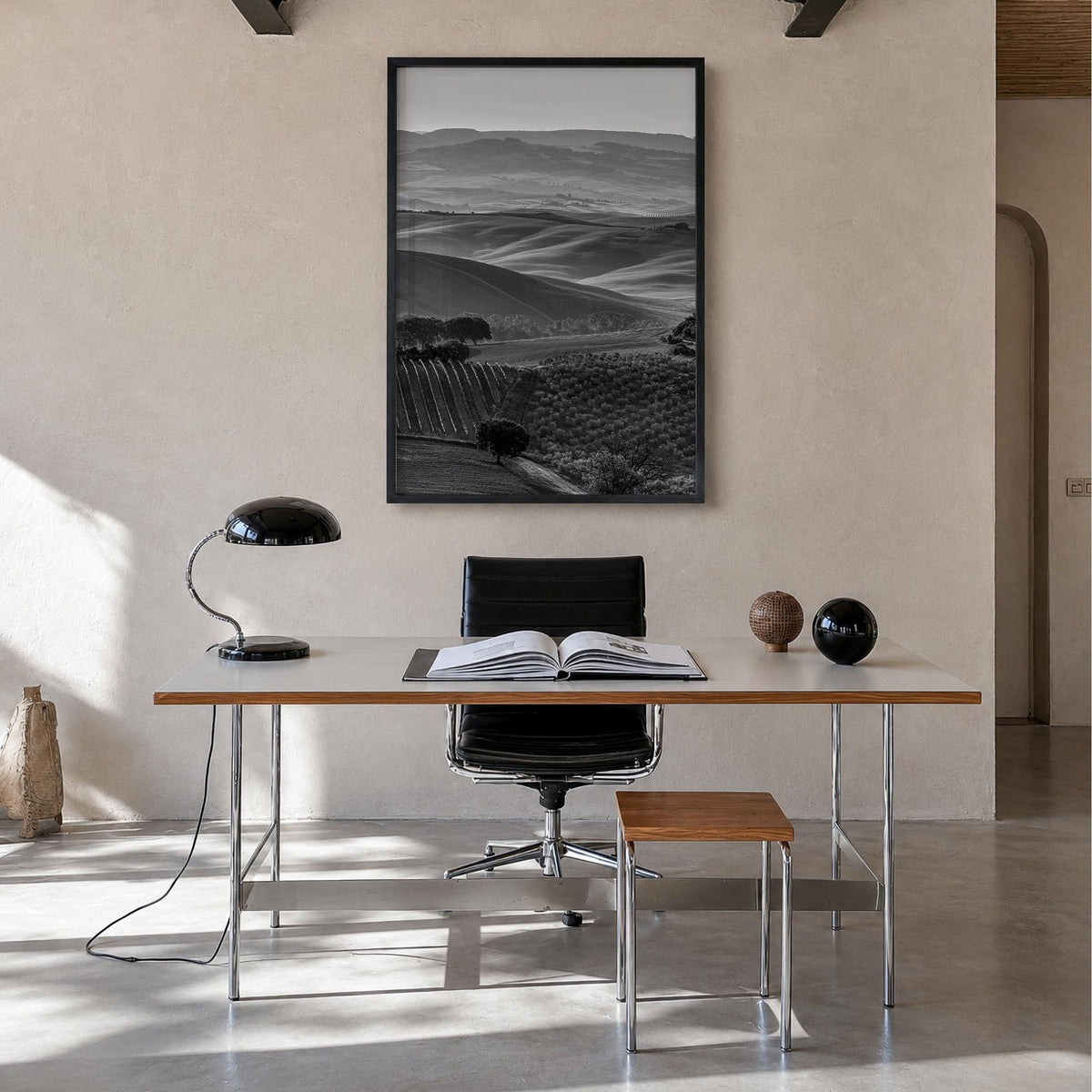 Italy no. 2 black & white photo poster of Europe – vertical wall art in black wood frame, hanging on wall