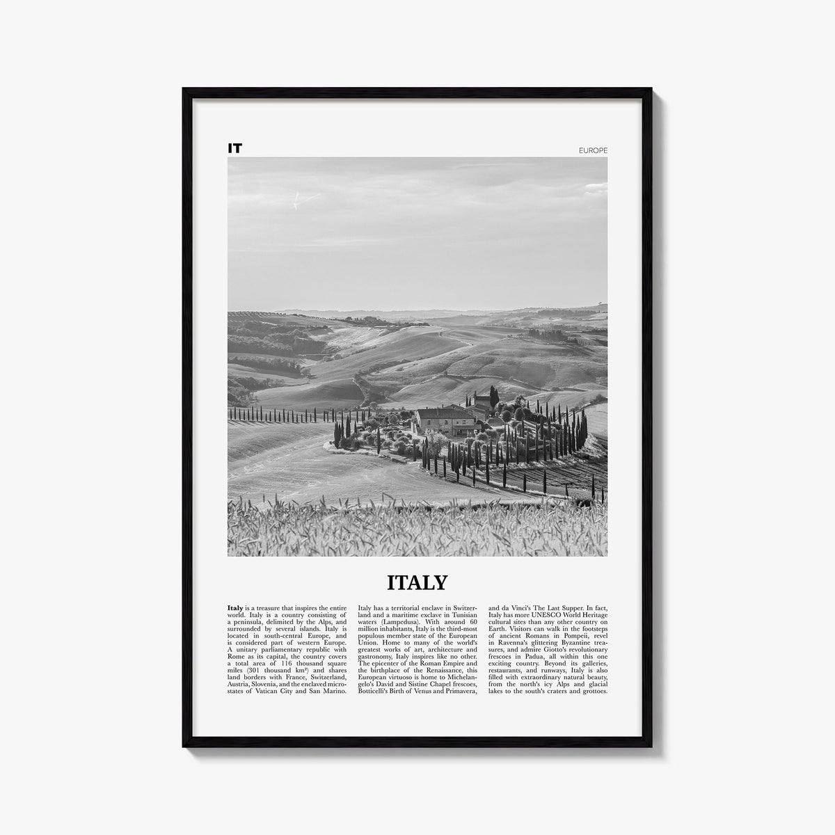 Italy no. 4 black & white newspaper poster of Europe – vertical wall art, unframed print shown in interior mockup