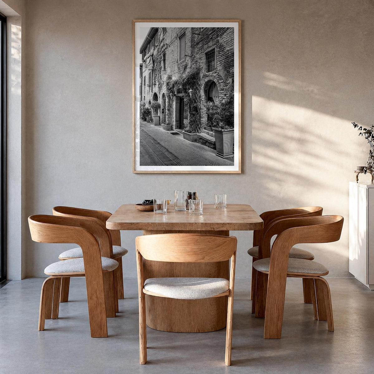 Italy no. 4 black & white photo poster of Europe – vertical wall art in natural wood frame with white border, hanging on wall