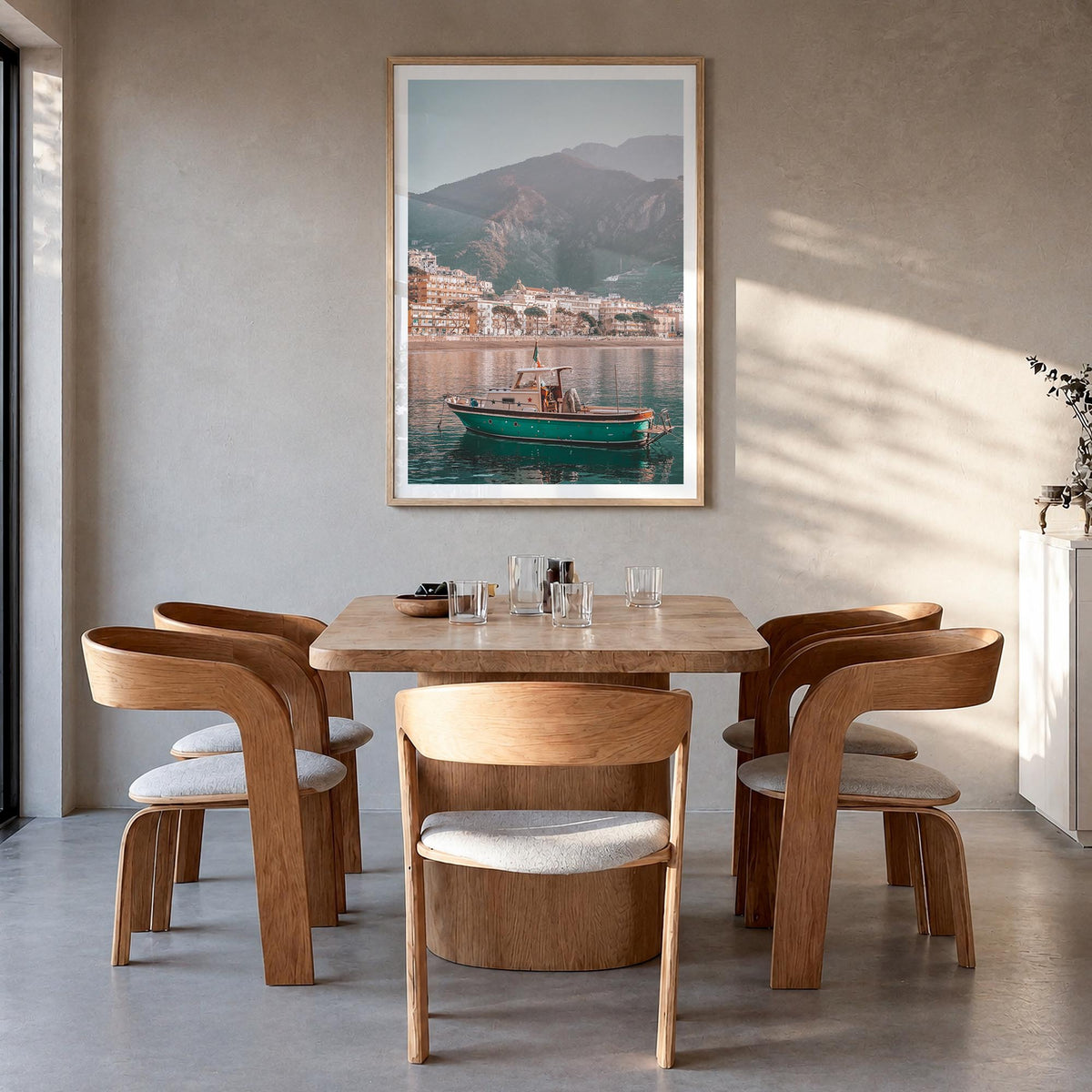 Italy no. 4 colorful photo poster of Europe – vertical wall art in natural wood frame with white border, hanging on wall