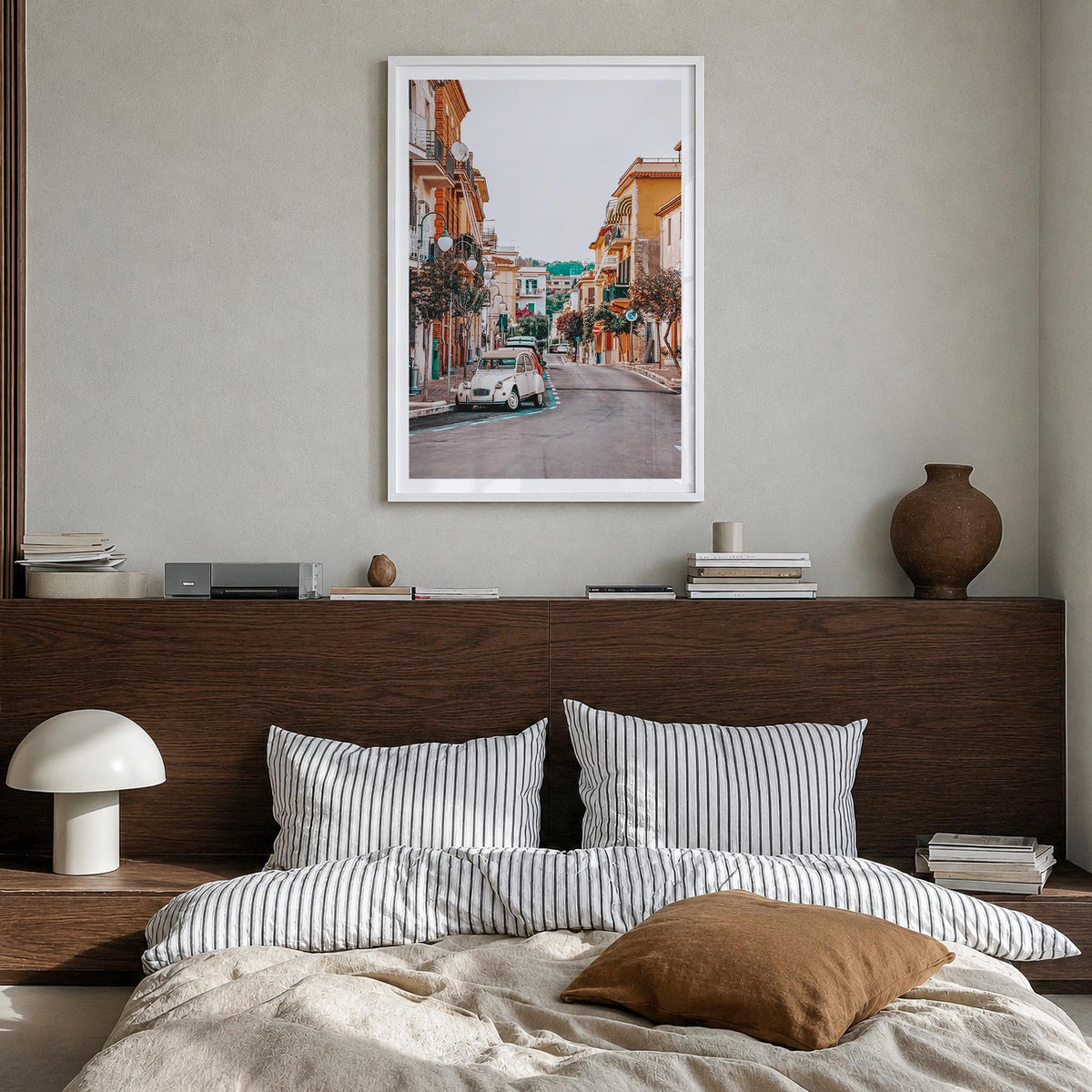 Italy no. 5 colorful photo poster of Europe – vertical wall art in white wood frame with white border, hanging on wall